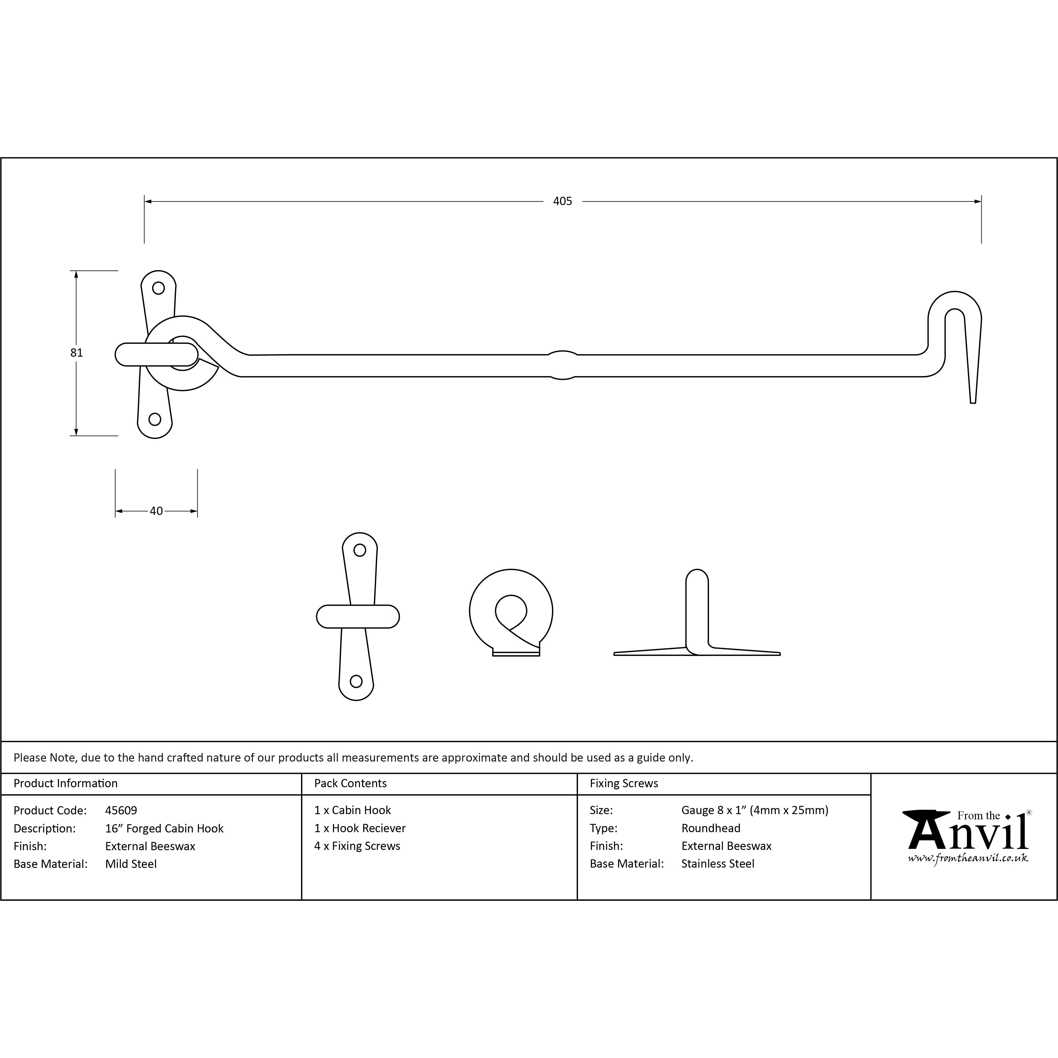 External Beeswax 16" Forged Cabin Hook | From The Anvil-Cabin Hooks-Yester Home
