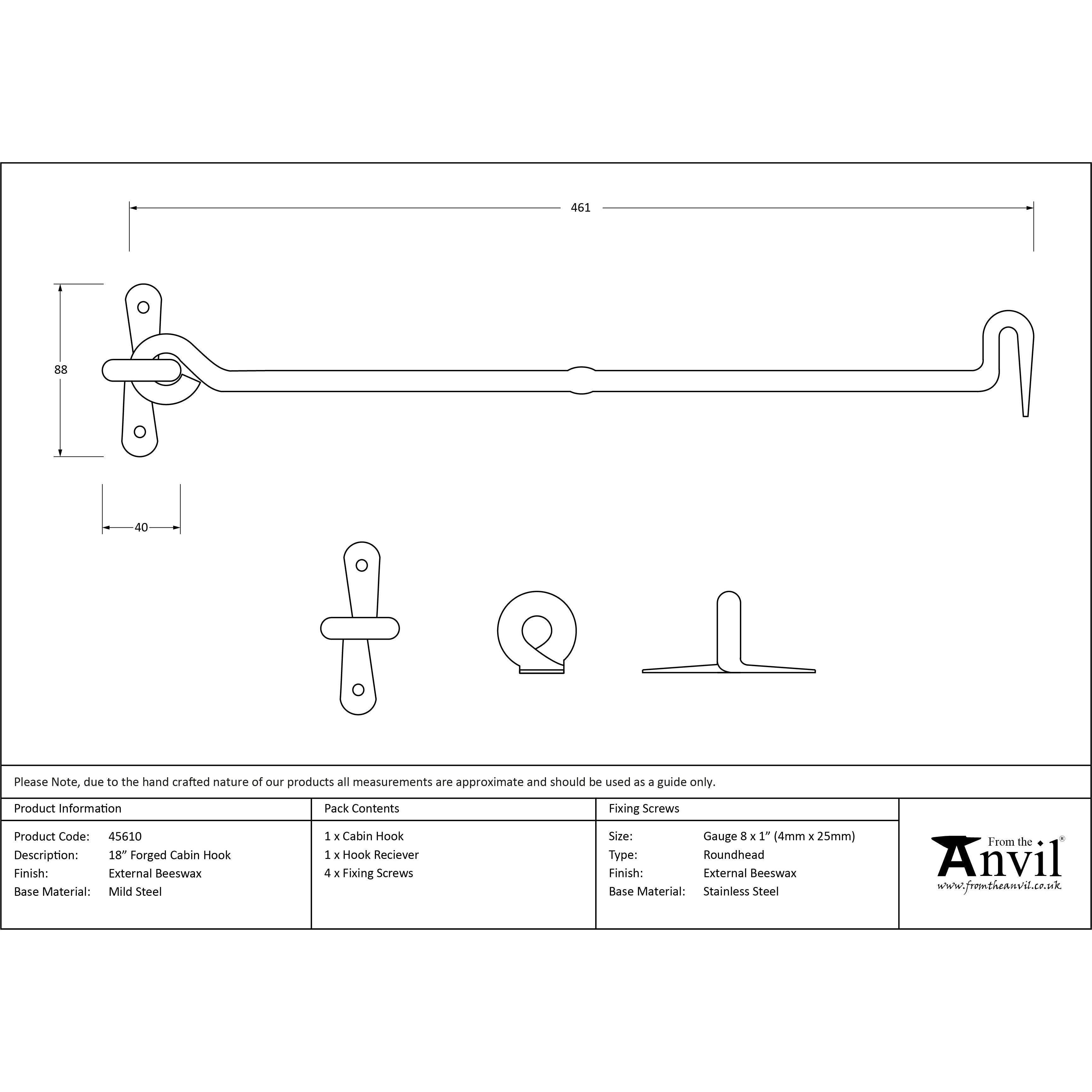 External Beeswax 18" Forged Cabin Hook | From The Anvil-Cabin Hooks-Yester Home