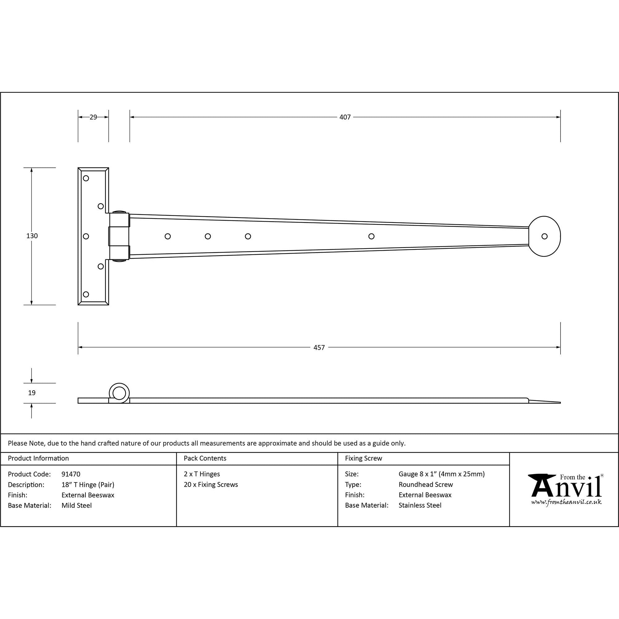 External Beeswax 18" Penny End T Hinge (pair) | From The Anvil - T Hinges - From The Anvil - Yester Home