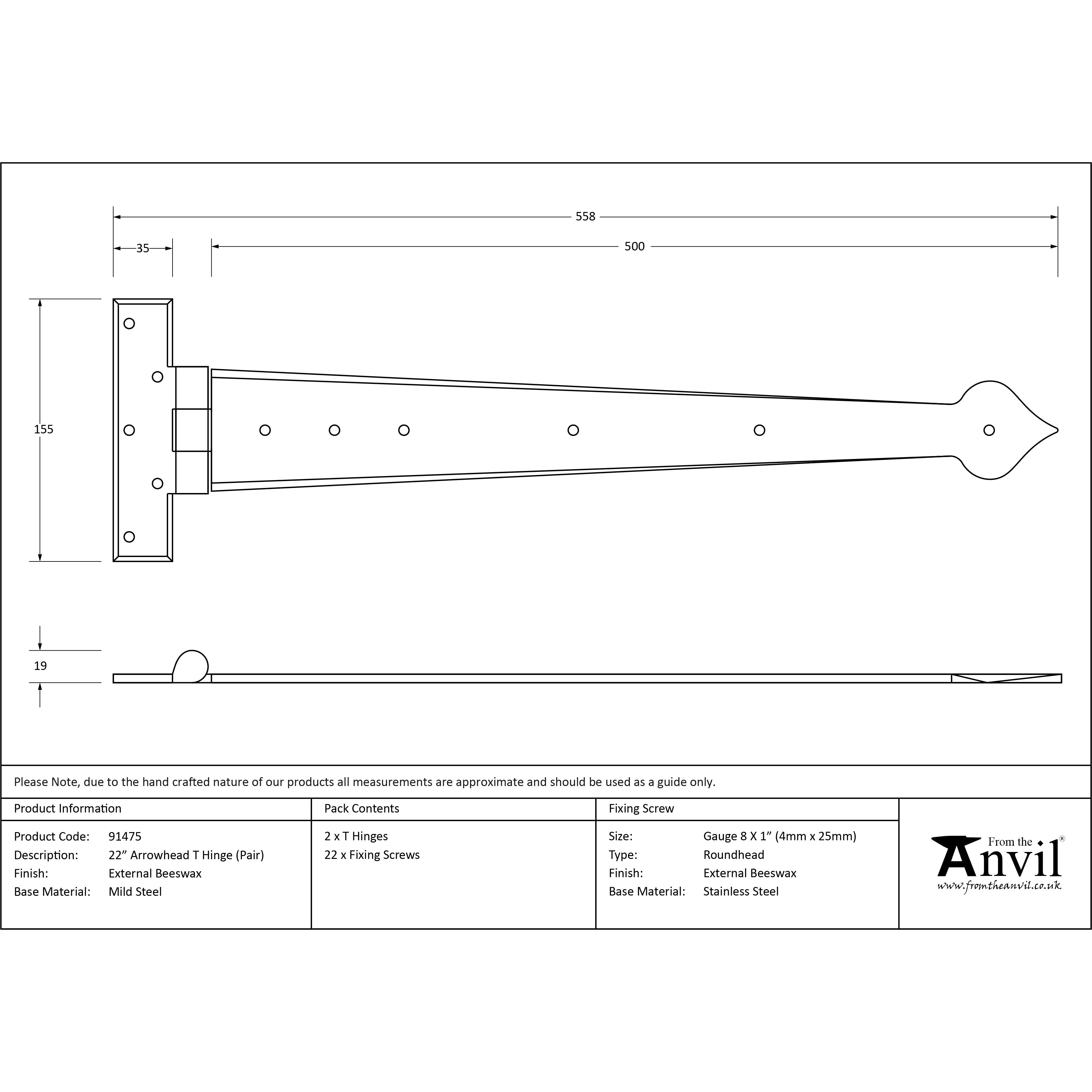 External Beeswax 22" Arrow Head T Hinge (pair) | From The Anvil-T Hinges-Yester Home