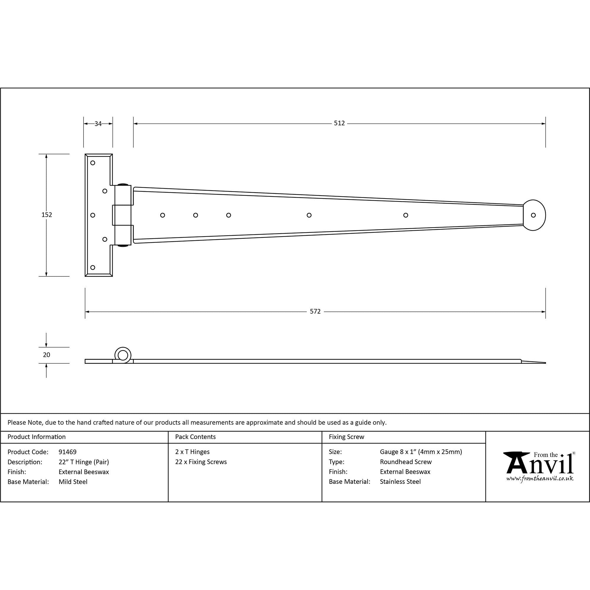 External Beeswax 22" Penny End T Hinge (pair) | From The Anvil - T Hinges - From The Anvil - Yester Home