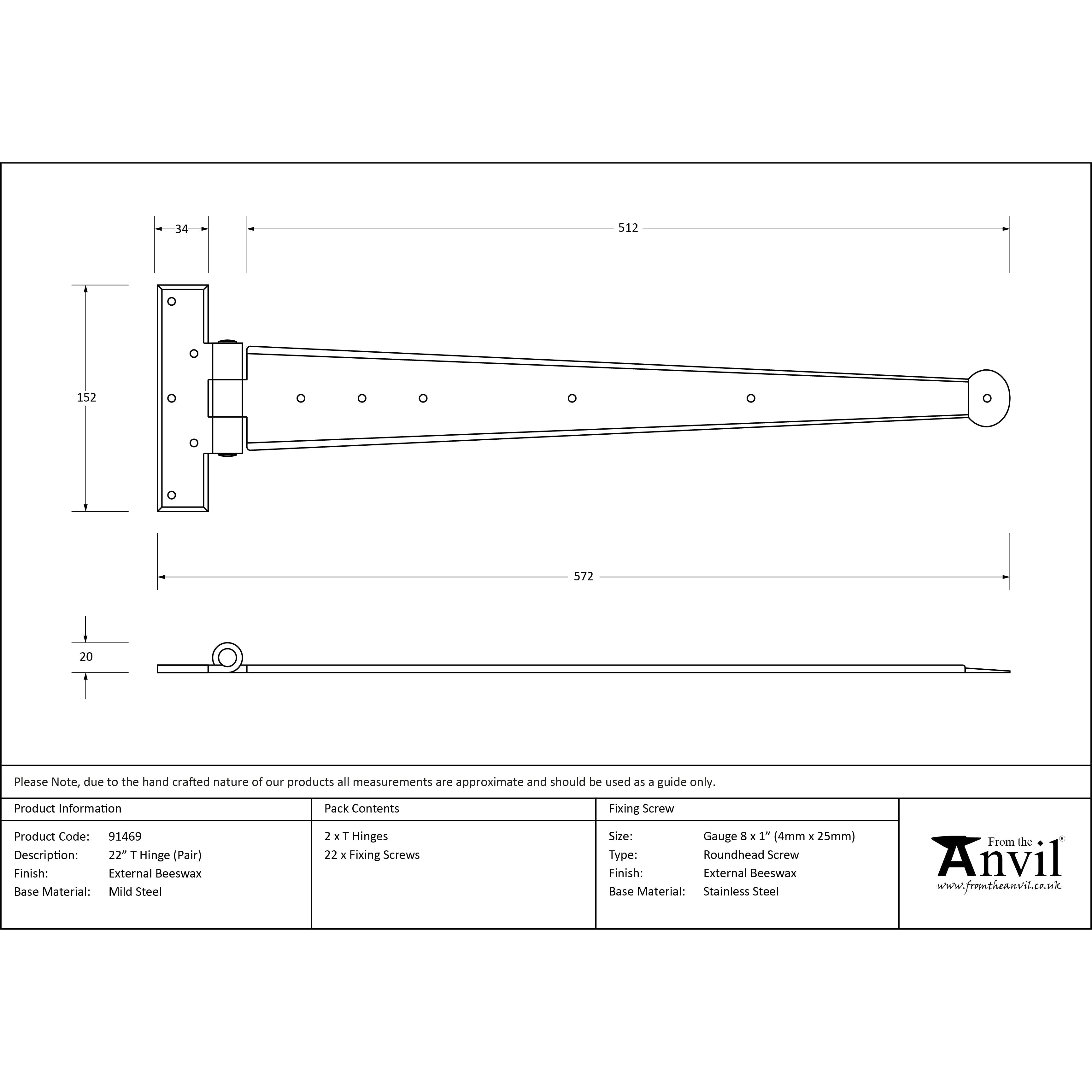 External Beeswax 22" Penny End T Hinge (pair) | From The Anvil-T Hinges-Yester Home