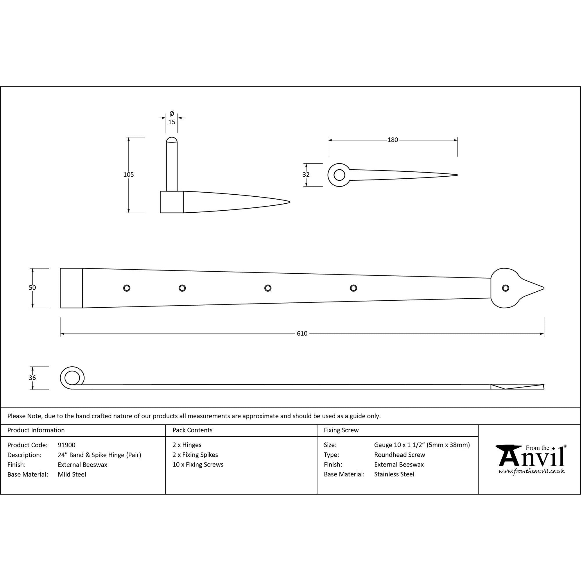 External Beeswax 24" Band & Spike Hinge (Pair) | From The Anvil - Hook & Band Hinges - From The Anvil - Yester Home
