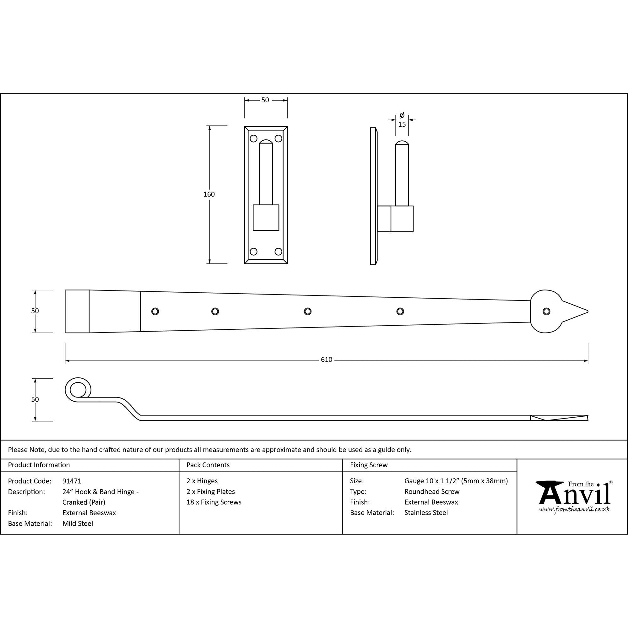 External Beeswax 24" Hook & Band Hinge - Cranked (pair) | From The Anvil - Hook & Band Hinges - From The Anvil - Yester Home