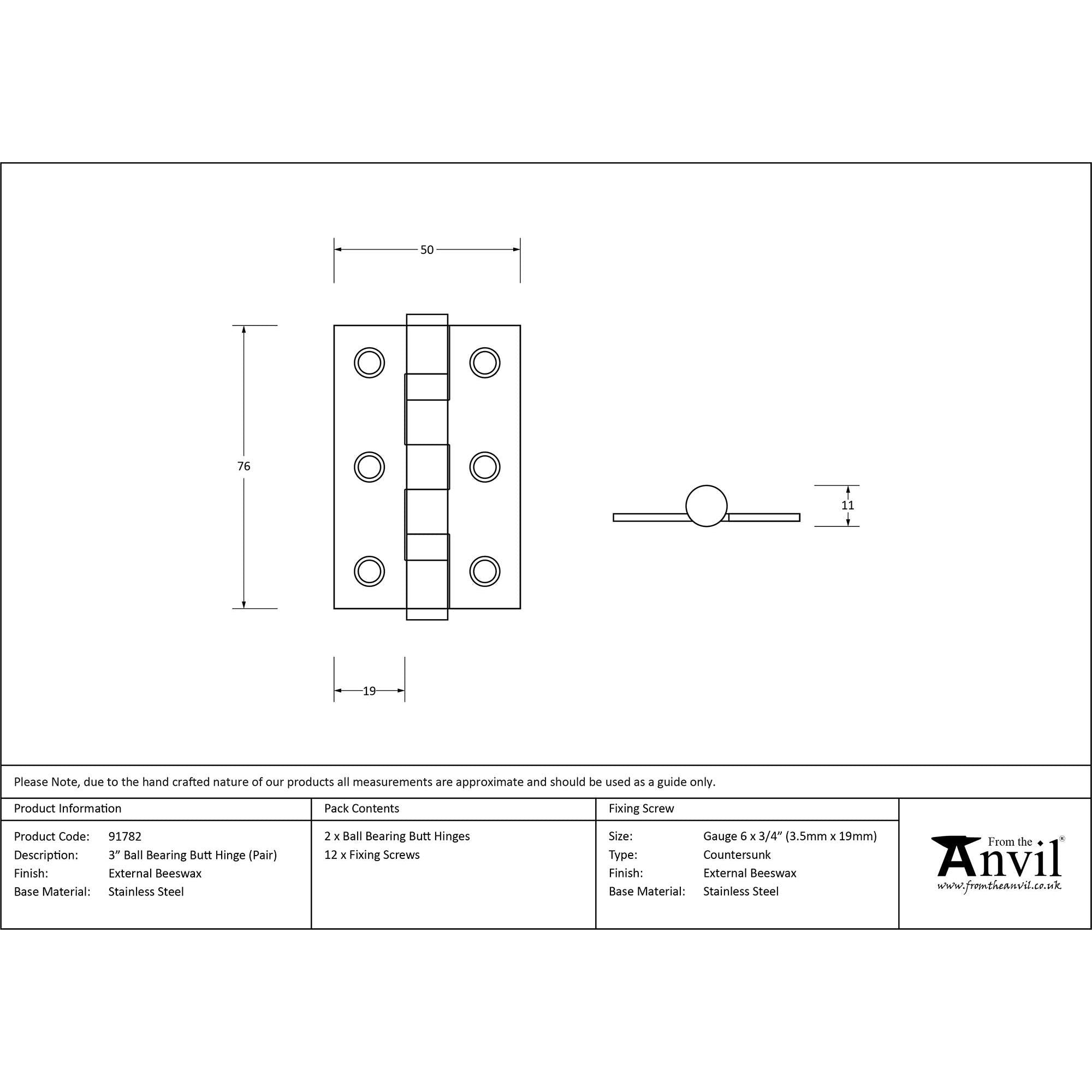 External Beeswax 3" Ball Bearing Butt Hinge (pair) | From The Anvil - Butt Hinges - From The Anvil - Yester Home