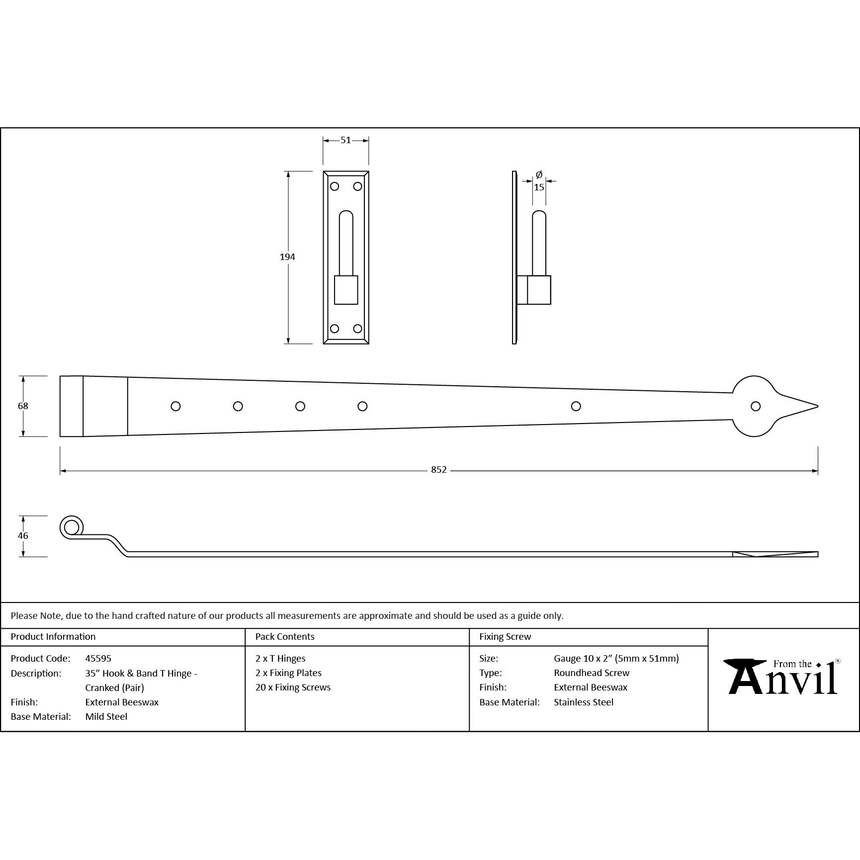 External Beeswax 35" Hook & Band Hinge - Cranked (pair) | From The Anvil - Hook & Band Hinges - From The Anvil - Yester Home