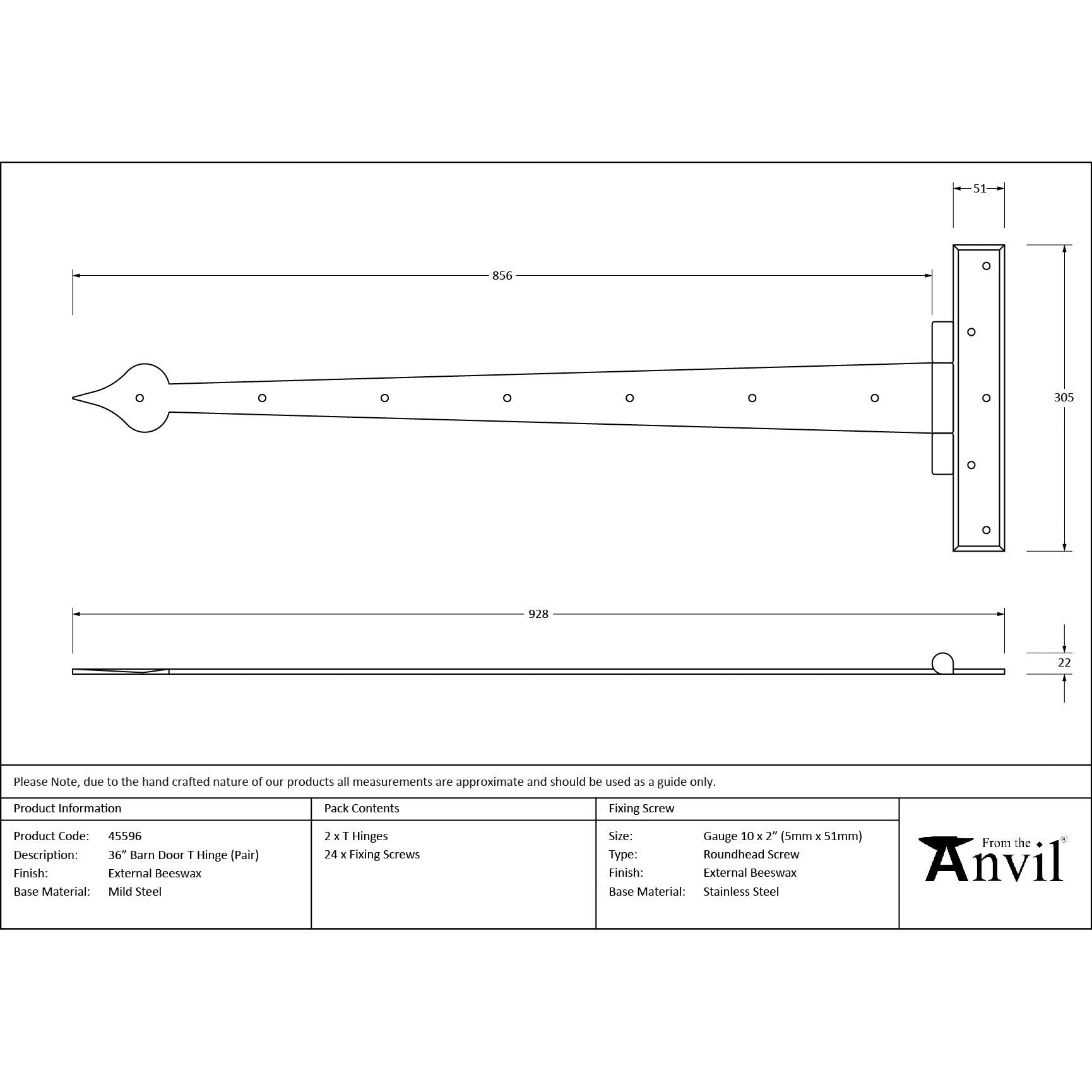 External Beeswax 36" Barn Door T Hinge (pair) | From The Anvil - T Hinges - From The Anvil - Yester Home
