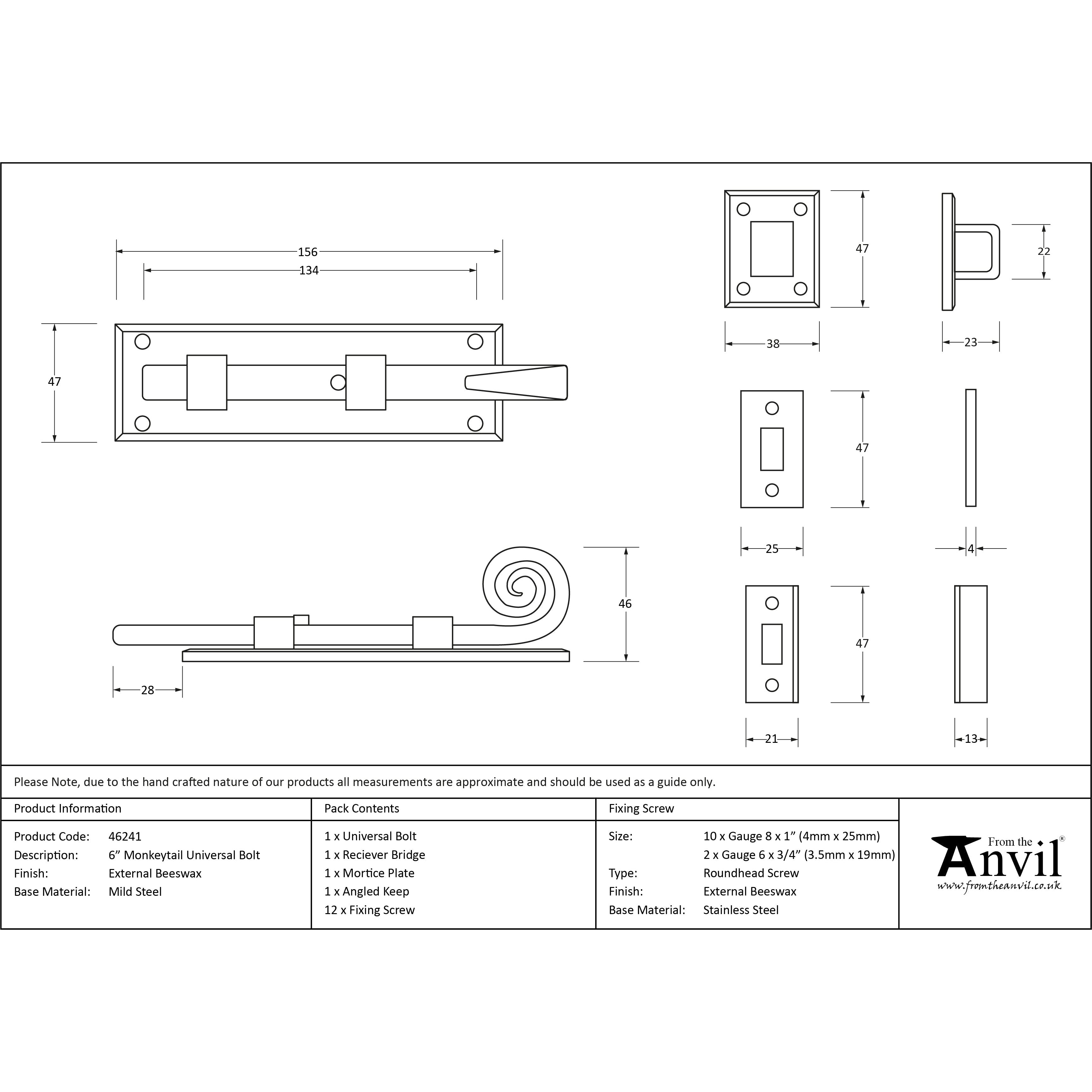 External Beeswax 6" Monkeytail Universal Bolt | From The Anvil-Bolts-Yester Home