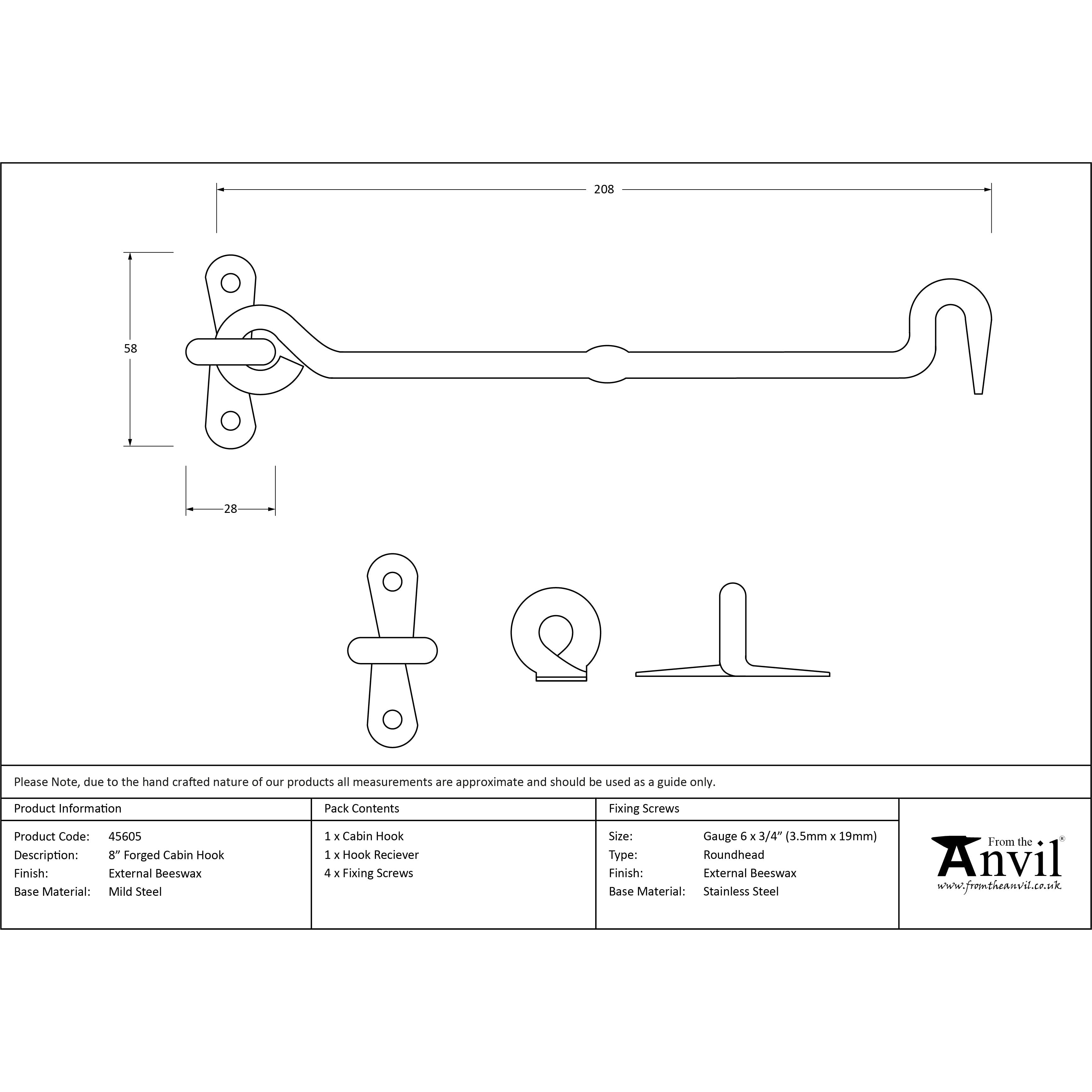 External Beeswax 8" Forged Cabin Hook | From The Anvil-Cabin Hooks-Yester Home