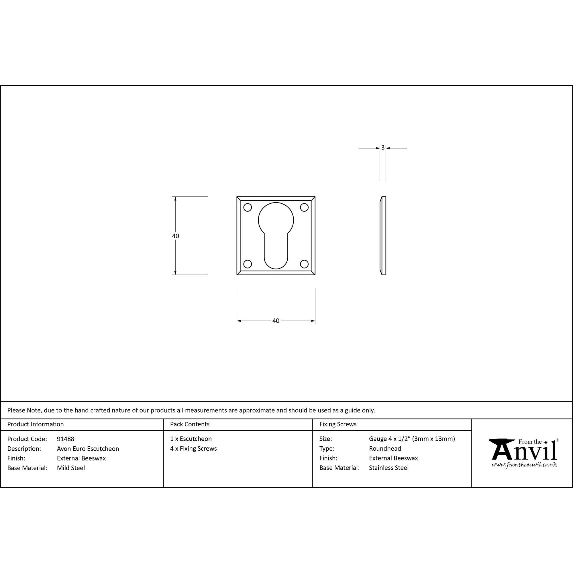 External Beeswax Avon Euro Escutcheon | From The Anvil - Euro Escutcheons - From The Anvil - Yester Home