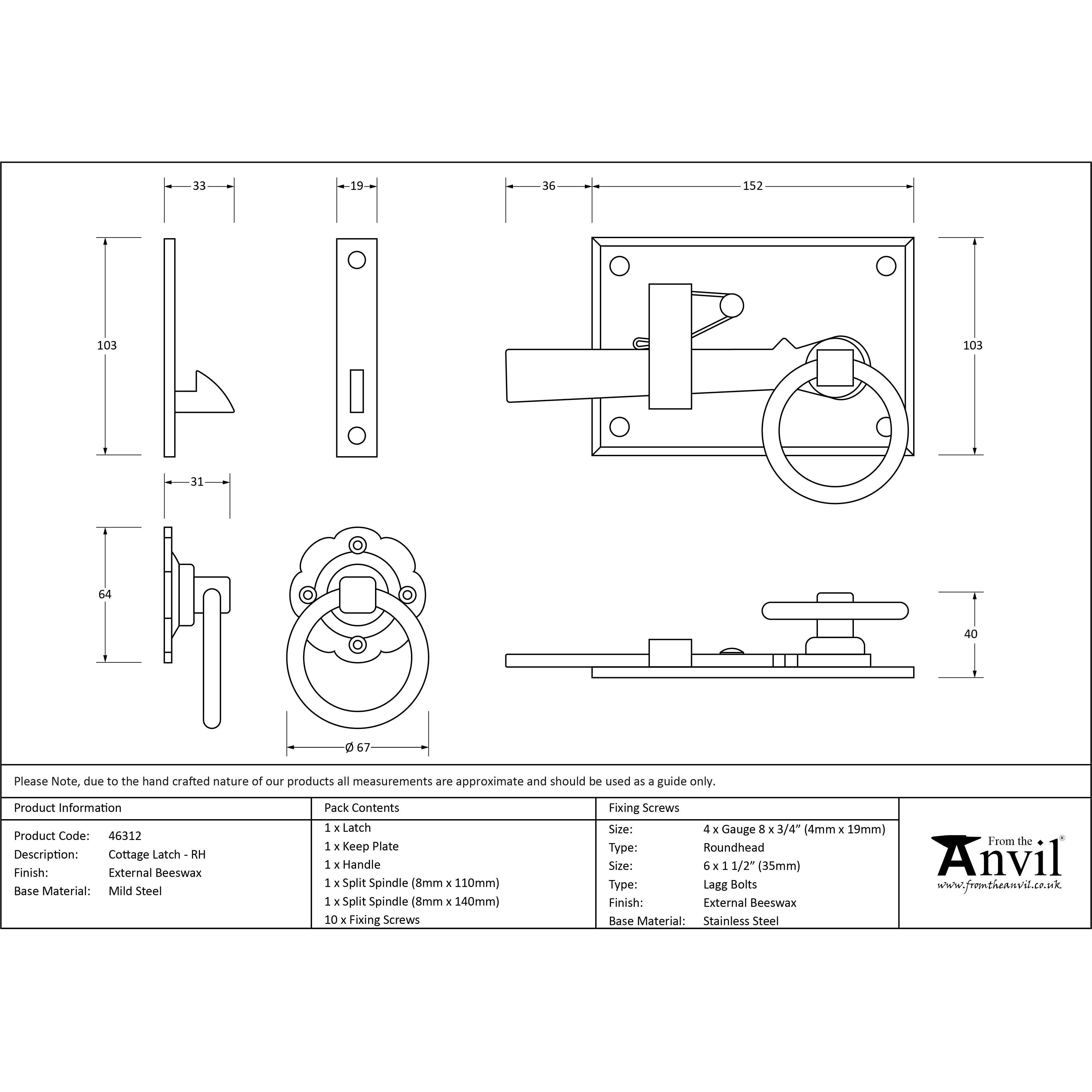 External Beeswax Cottage Latch - RH | From The Anvil-Latches-Yester Home