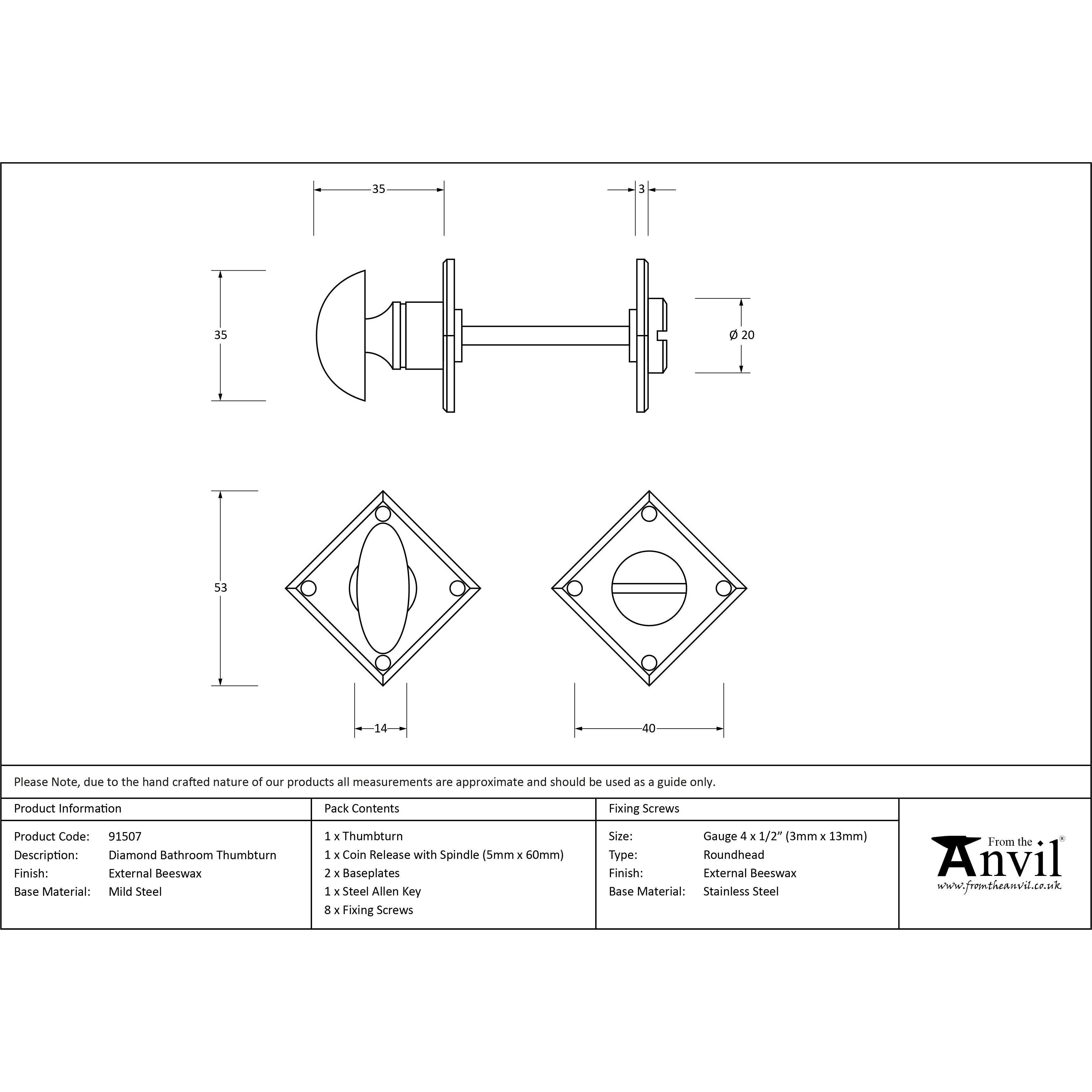 External Beeswax Diamond Bathroom Thumbturn | From The Anvil-Thumbturns-Yester Home