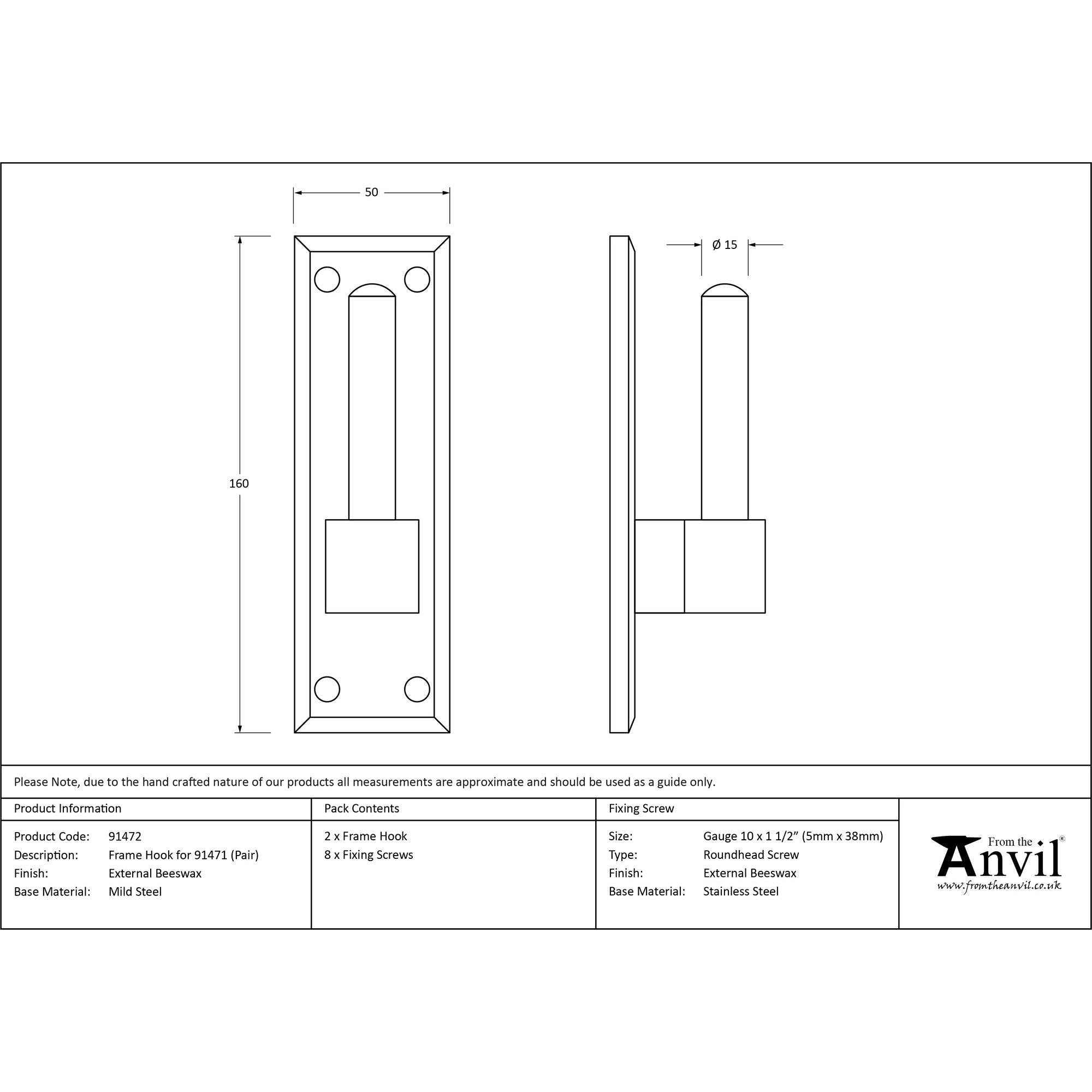 External Beeswax Frame Hook For 91471 (pair) | From The Anvil - T Hinge Accessories - From The Anvil - Yester Home