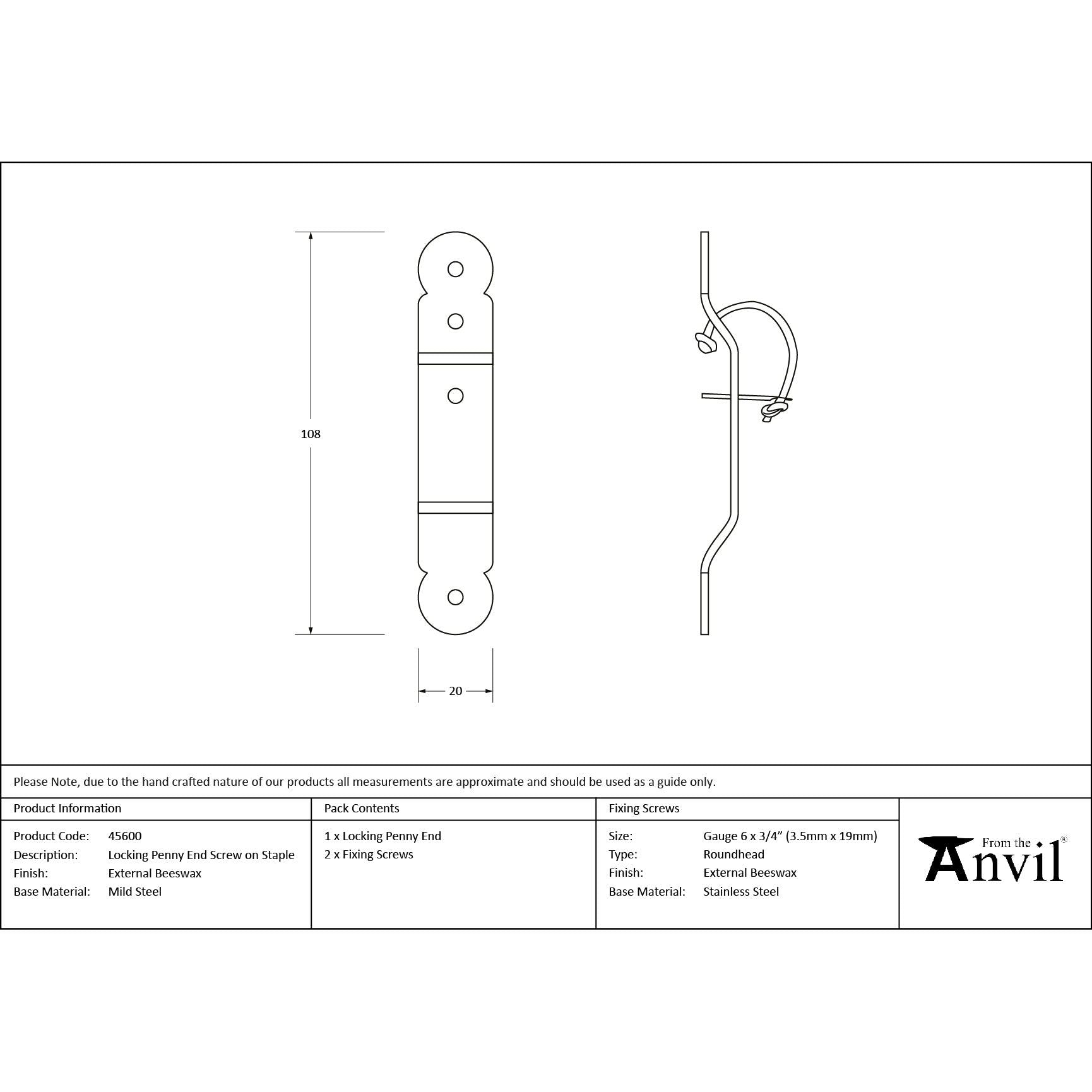 External Beeswax Locking Penny End Screw on Staple | From The Anvil -  - From The Anvil - Yester Home