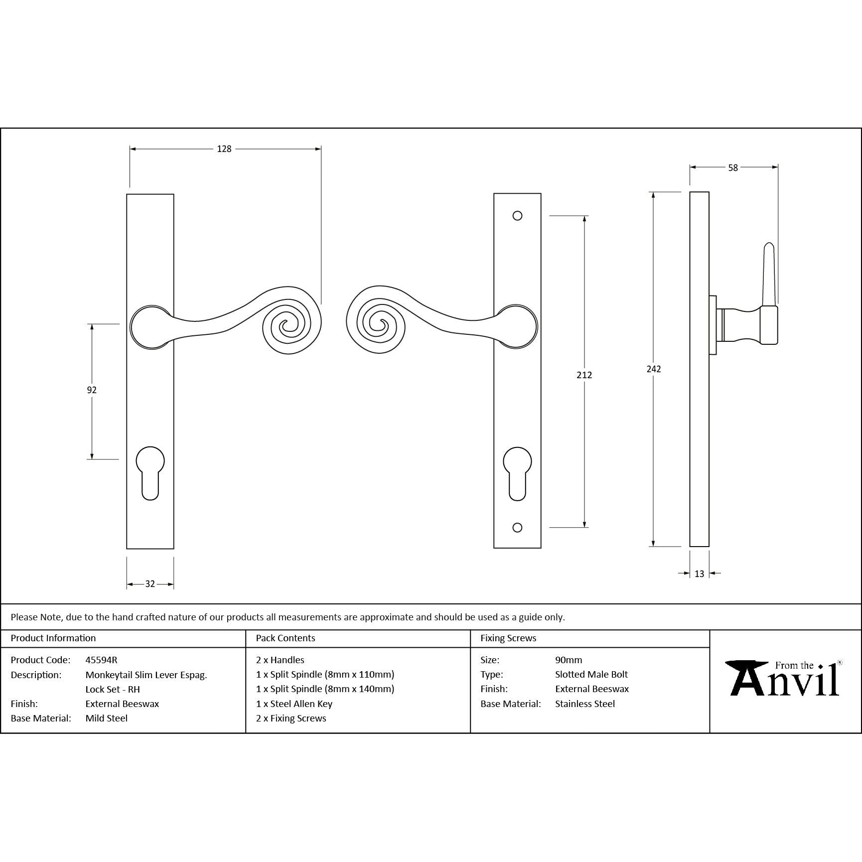 External Beeswax Monkeytail Slimline Lever Espag. Lock Set - RH | From The Anvil - Espagnolette - From The Anvil - Yester Home