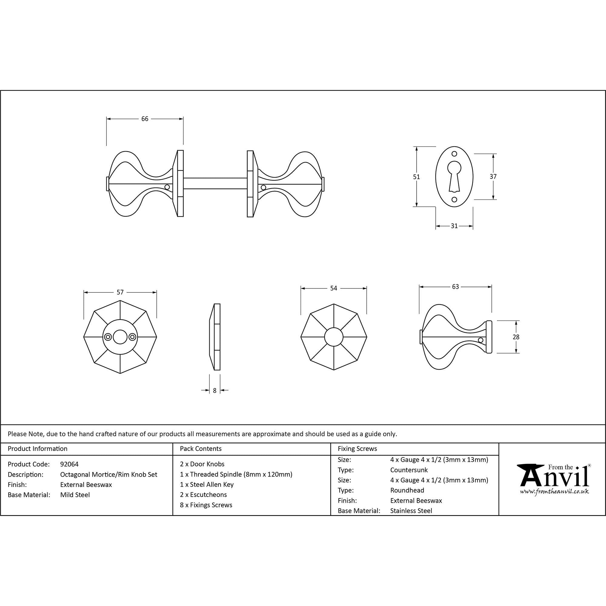 External Beeswax Octagonal Mortice/Rim Knob Set | From The Anvil - Mortice Knobs - From The Anvil - Yester Home