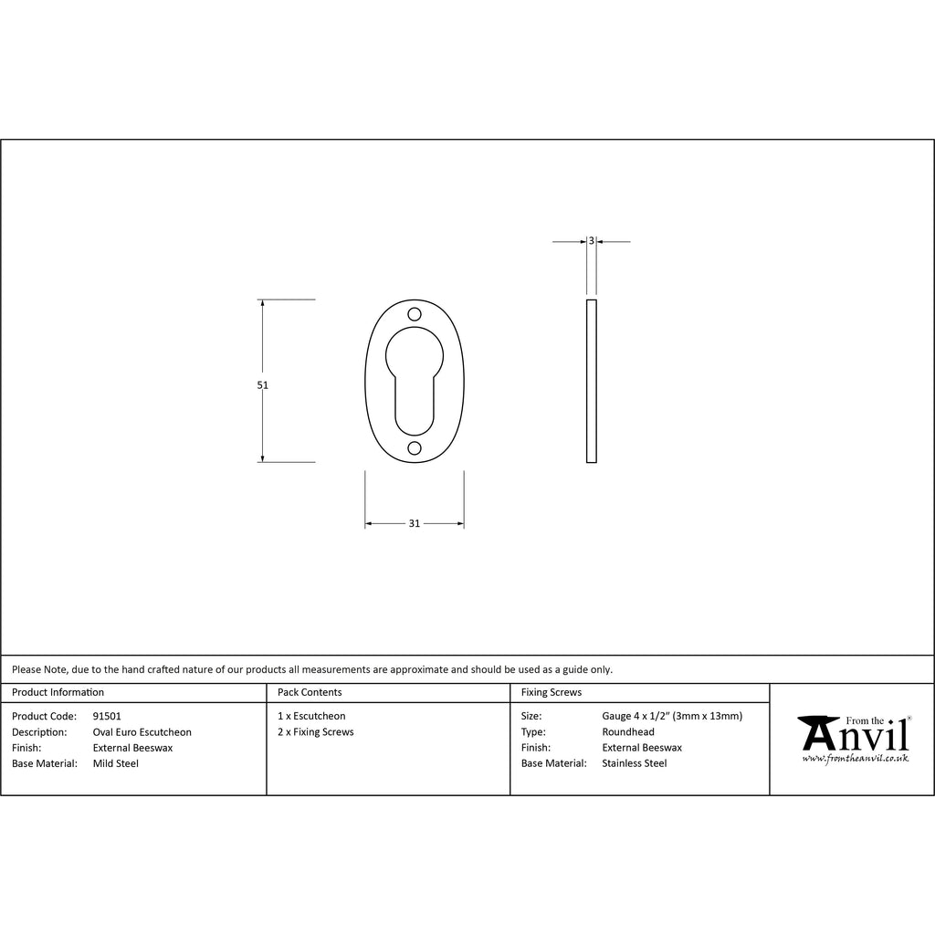 External Beeswax Oval Euro Escutcheon | From The Anvil-Euro Escutcheons-Yester Home