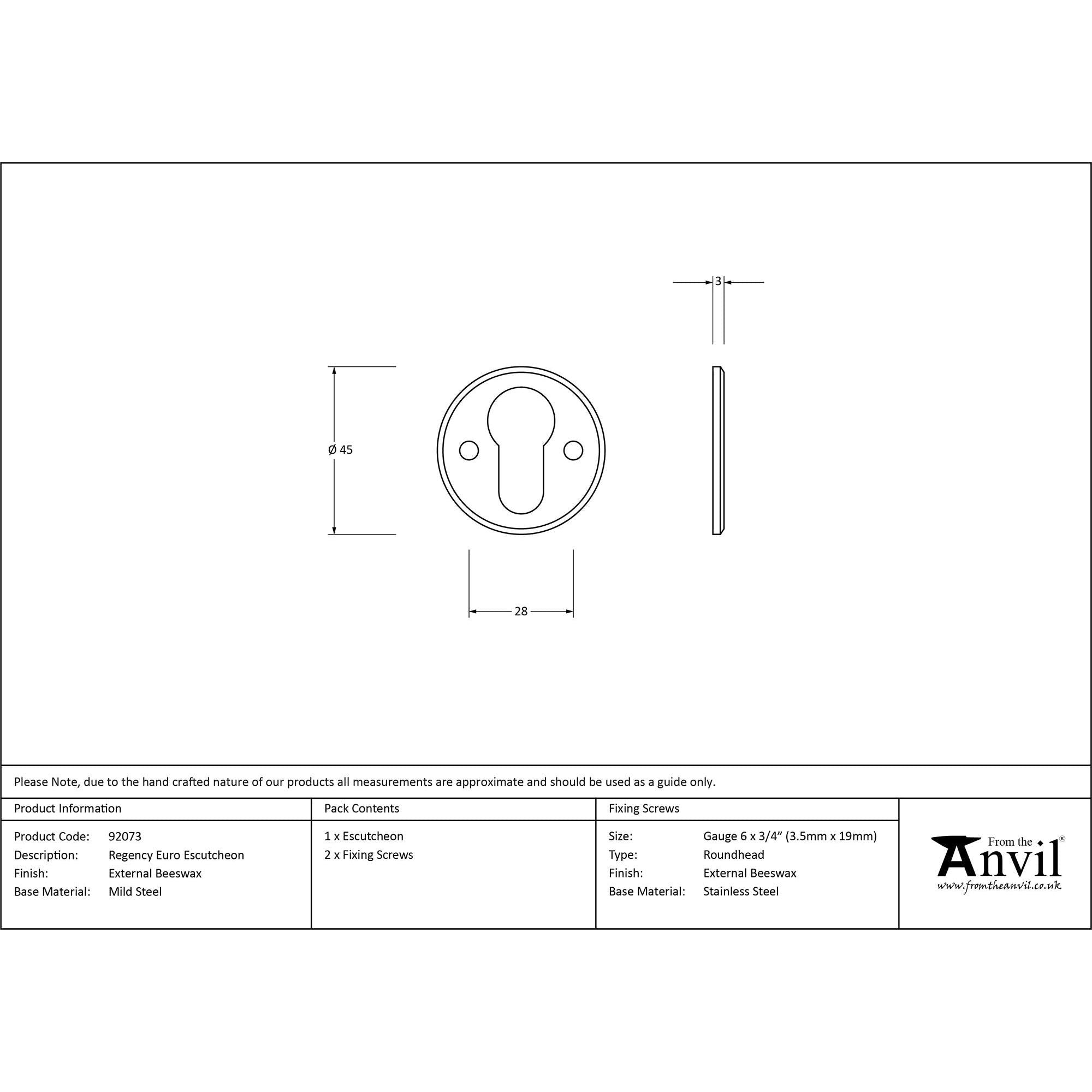 External Beeswax Regency Euro Escutcheon | From The Anvil - Euro Escutcheons - From The Anvil - Yester Home