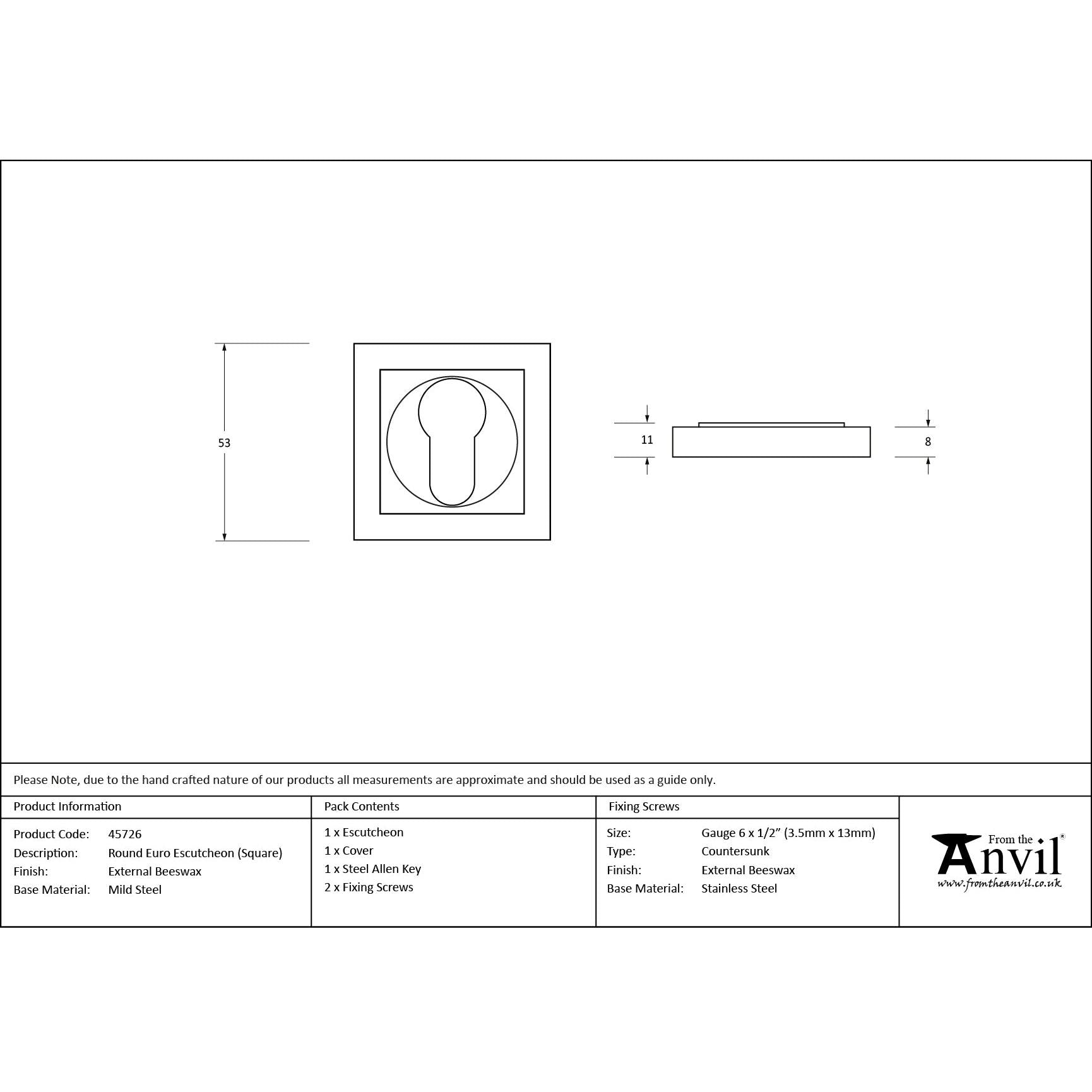 External Beeswax Round Euro Escutcheon (Square) | From The Anvil - Euro Escutcheons - From The Anvil - Yester Home