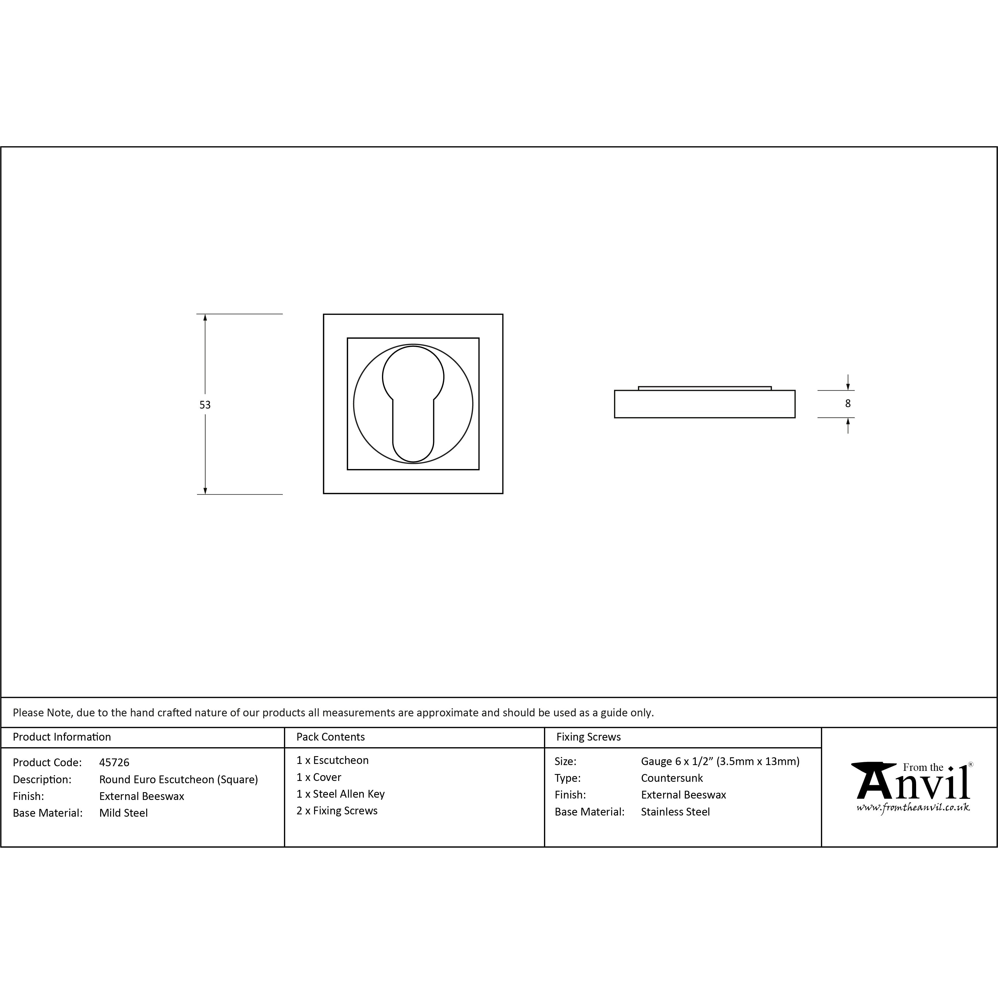 External Beeswax Round Euro Escutcheon (Square) | From The Anvil-Euro Escutcheons-Yester Home