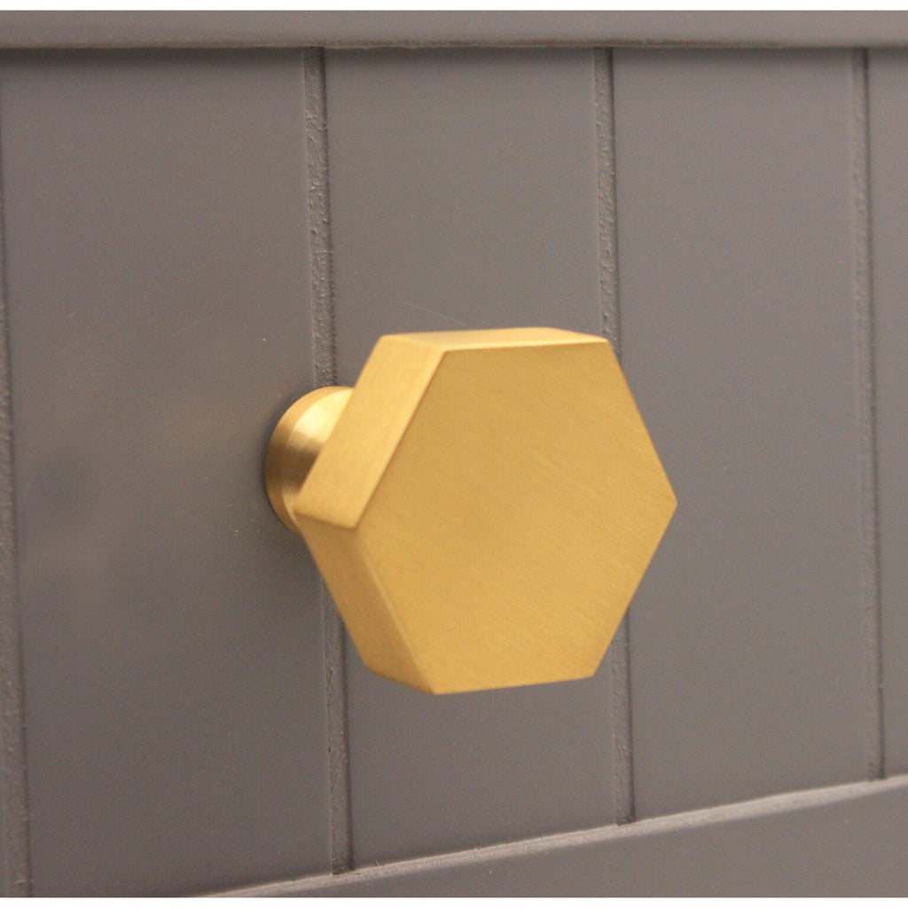 Hexagonal Cupboard Knob Satin Brass-Cupboard Knobs-Yester Home