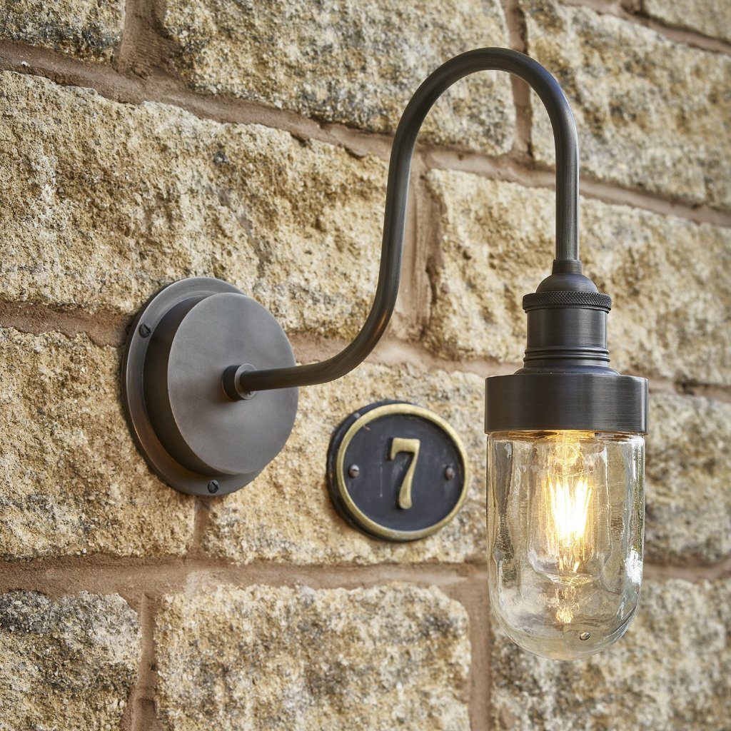 Industville Swan Neck Outdoor & Bathroom Wall Light - Pewter - Tube Glass-Outdoor Lighting-Yester Home