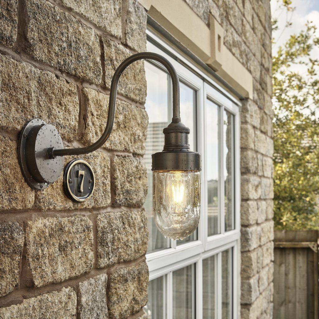 Industville Swan Neck Outdoor & Bathroom Wall Light - Pewter - Tube Glass-Outdoor Lighting-Yester Home