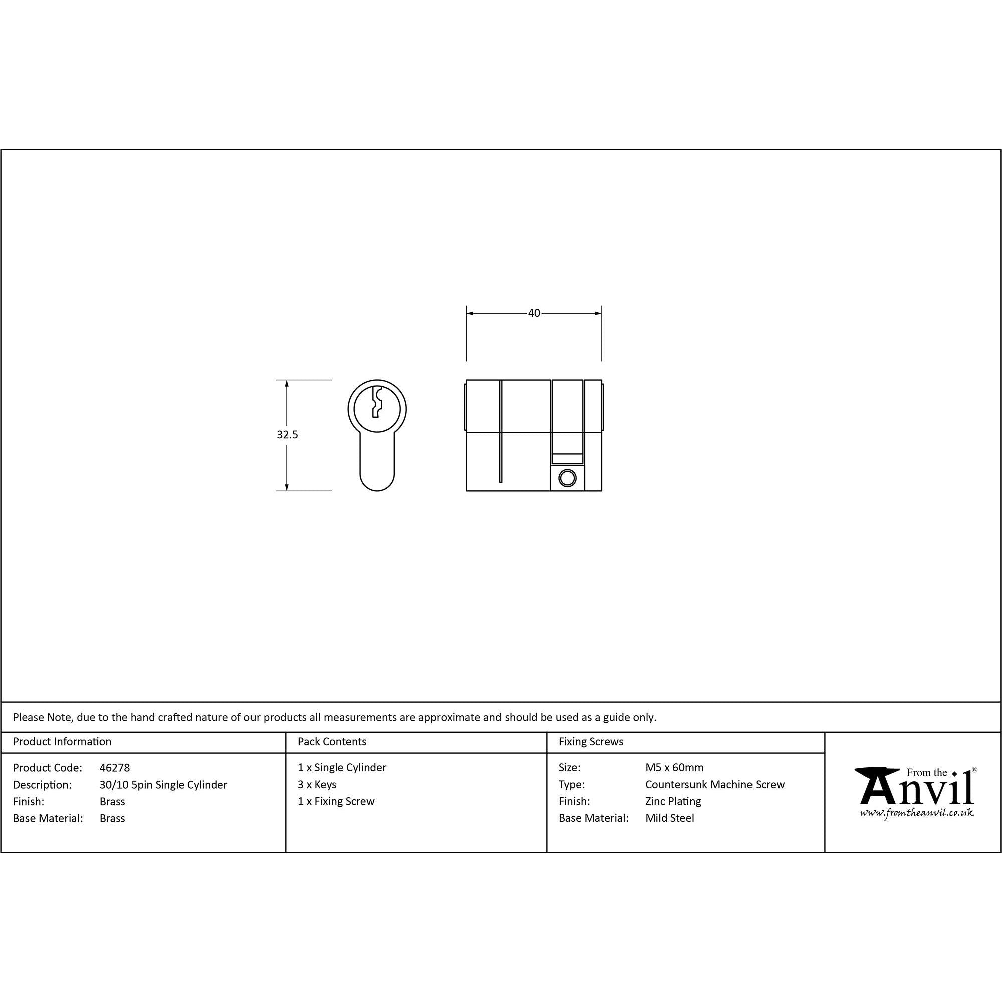 Lacquered Brass 30/10 5pin Single Cylinder | From The Anvil - Euro Cylinders - From The Anvil - Yester Home