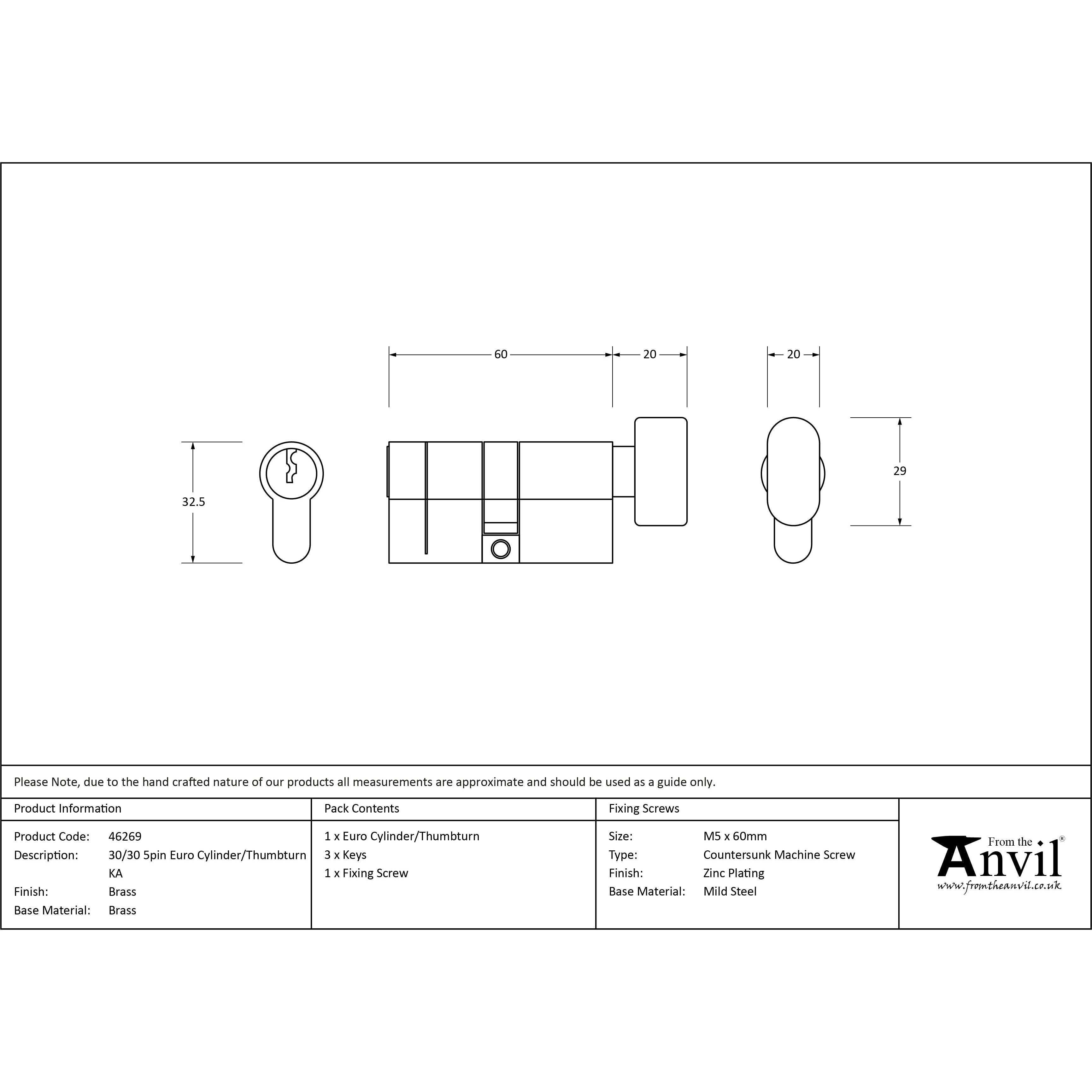 Lacquered Brass 30/30 5pin Euro Cylinder/Thumbturn KA | From The Anvil-Euro Cylinders-Yester Home