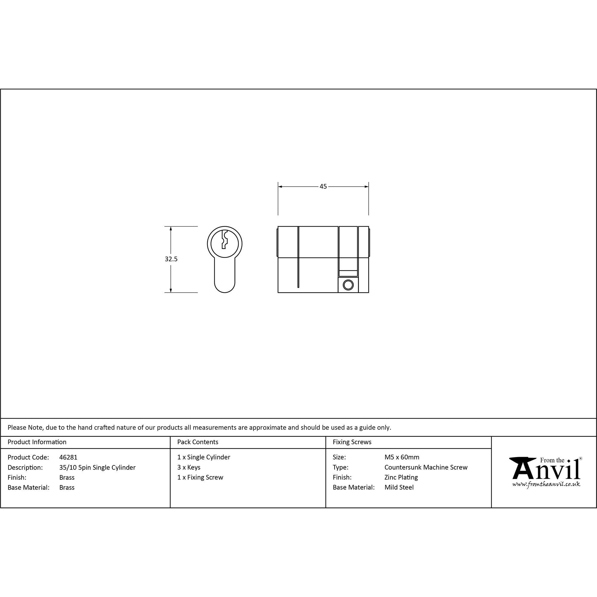 Lacquered Brass 35/10 5pin Single Cylinder | From The Anvil - Euro Cylinders - From The Anvil - Yester Home