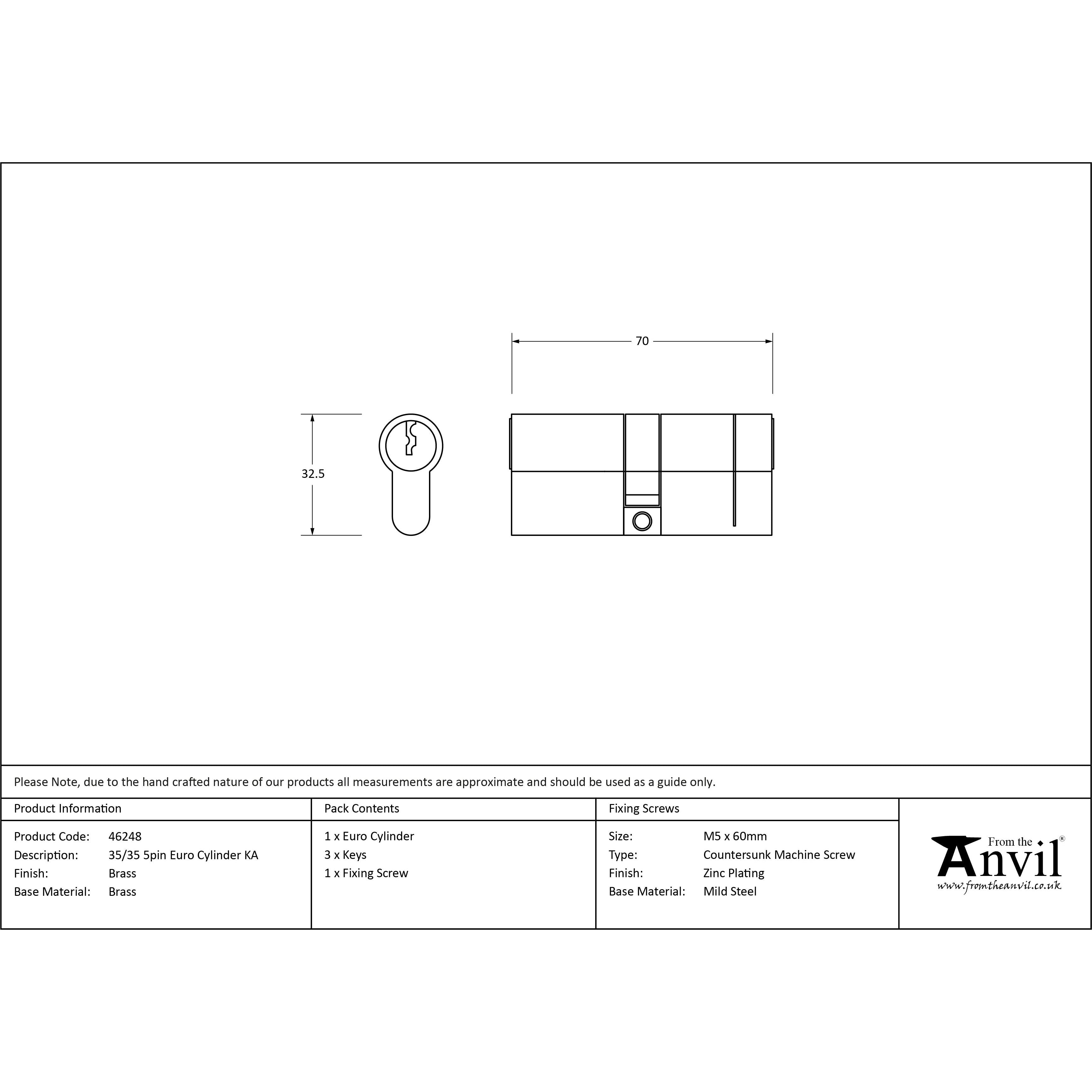 Lacquered Brass 35/35 5pin Euro Cylinder KA | From The Anvil - Euro Cylinders - From The Anvil - Yester Home