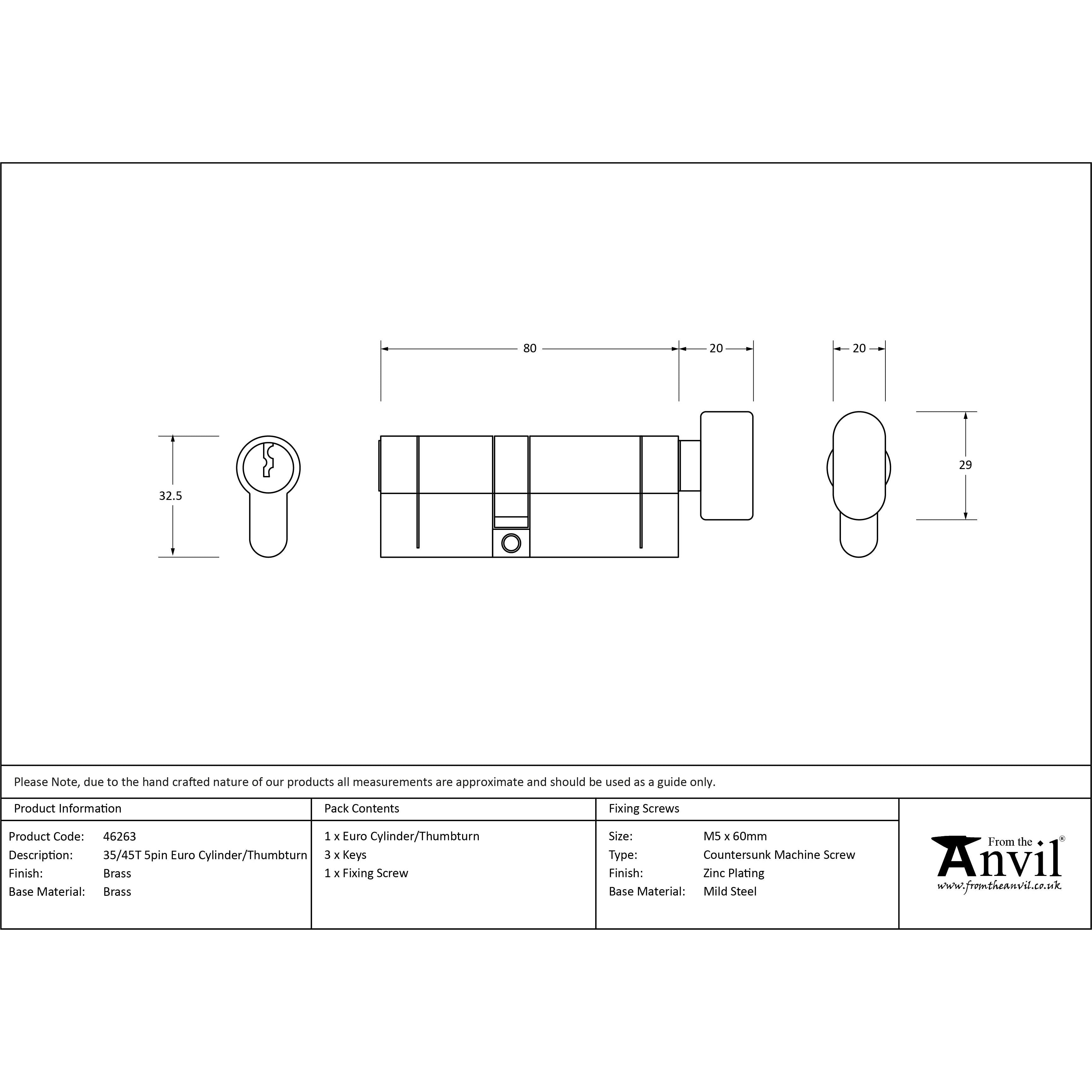 Lacquered Brass 35/45T 5pin Euro Cylinder/Thumbturn | From The Anvil - Euro Cylinders - From The Anvil - Yester Home