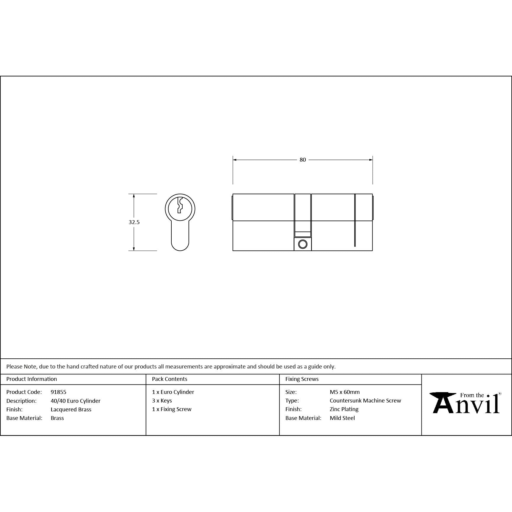 Lacquered Brass 40/40 Euro Cylinder | From The Anvil - Euro Cylinders - From The Anvil - Yester Home