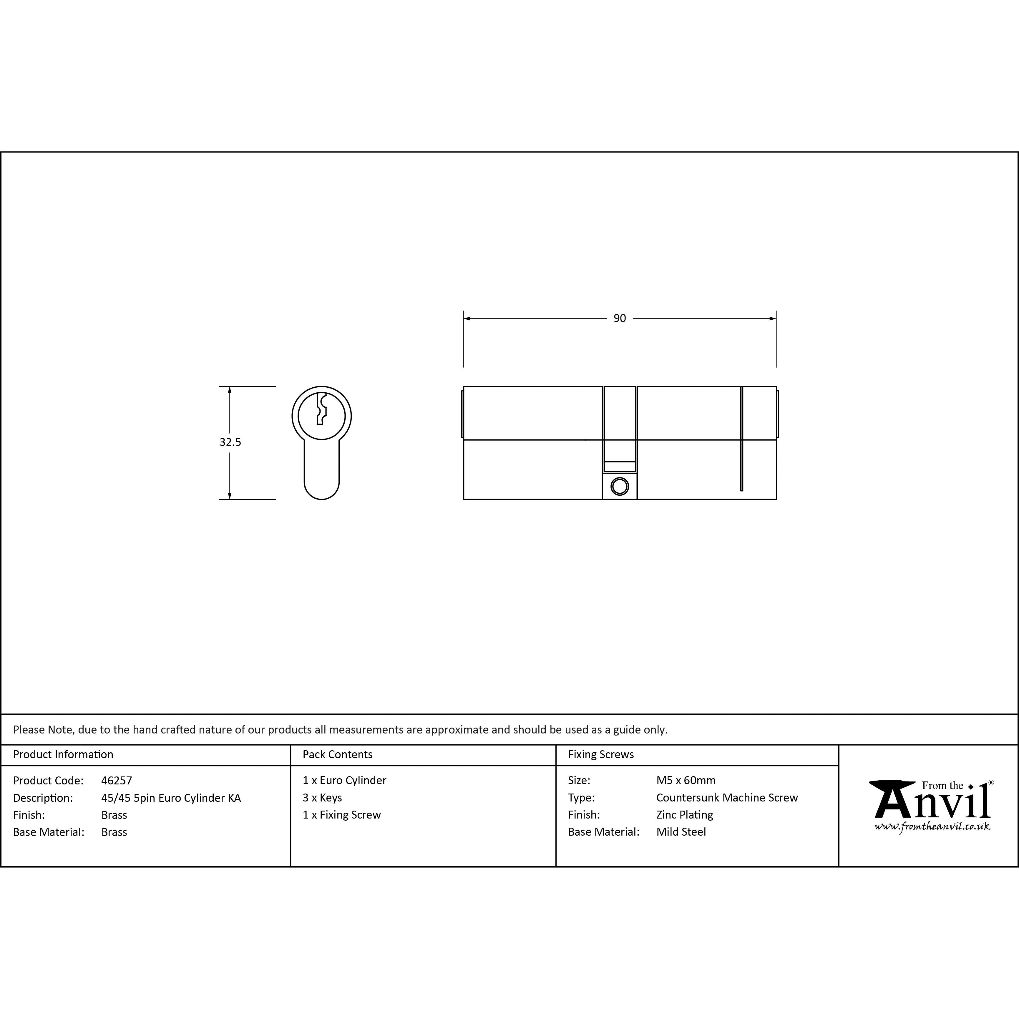 Lacquered Brass 45/45 5pin Euro Cylinder KA | From The Anvil - Euro Cylinders - From The Anvil - Yester Home