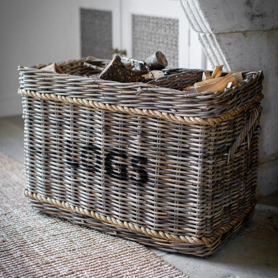 Log Basket with Rope, Rectangular - Rattan-Log Storage & Baskets-Yester Home