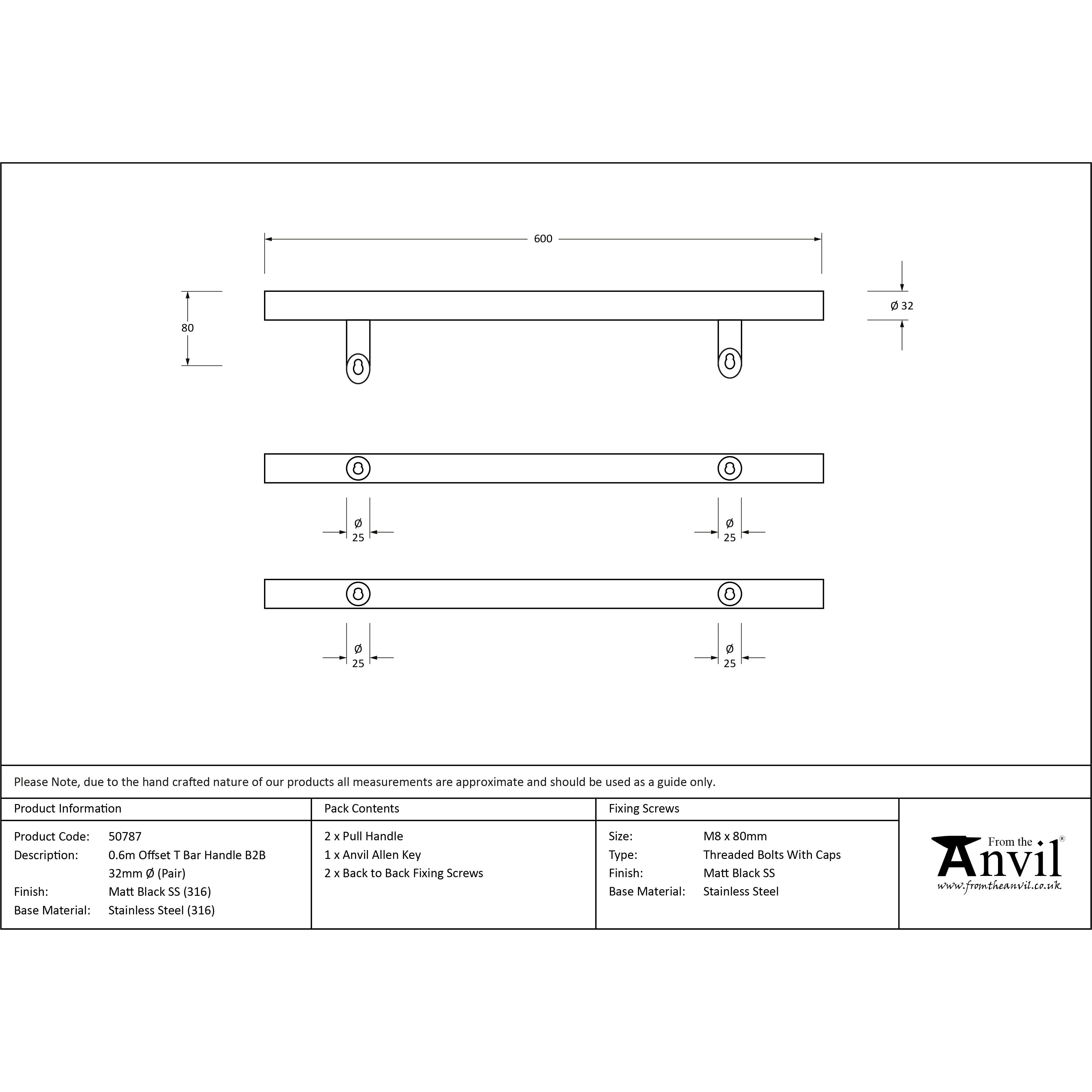 Matt Black (316) 0.6m Offset T Bar Handle B2B 32mm Ø | From The Anvil-Pull Handles-Yester Home