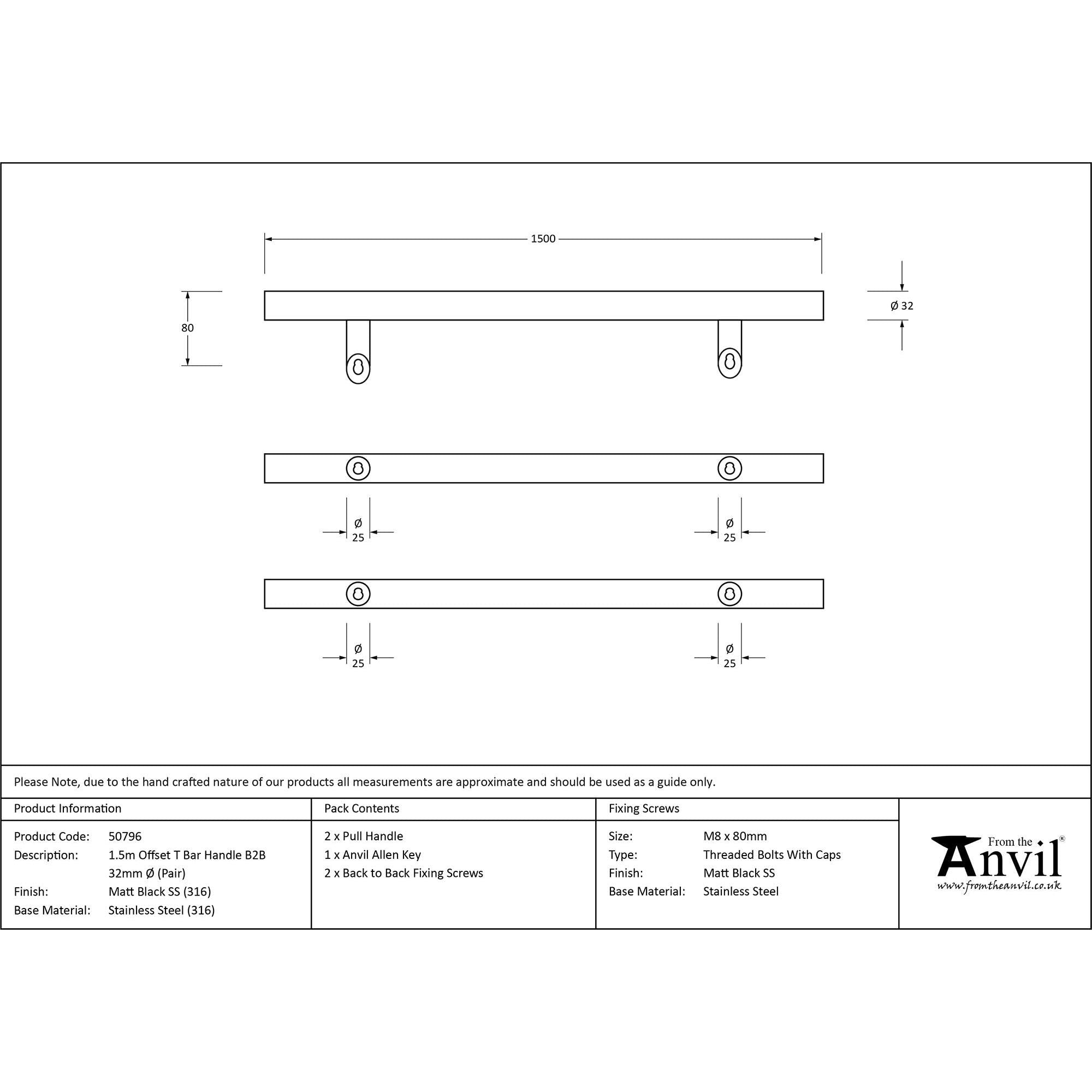 Matt Black (316) 1.5m Offset T Bar Handle B2B 32mm Ø | From The Anvil - Door Pull Handles - From The Anvil - Yester Home
