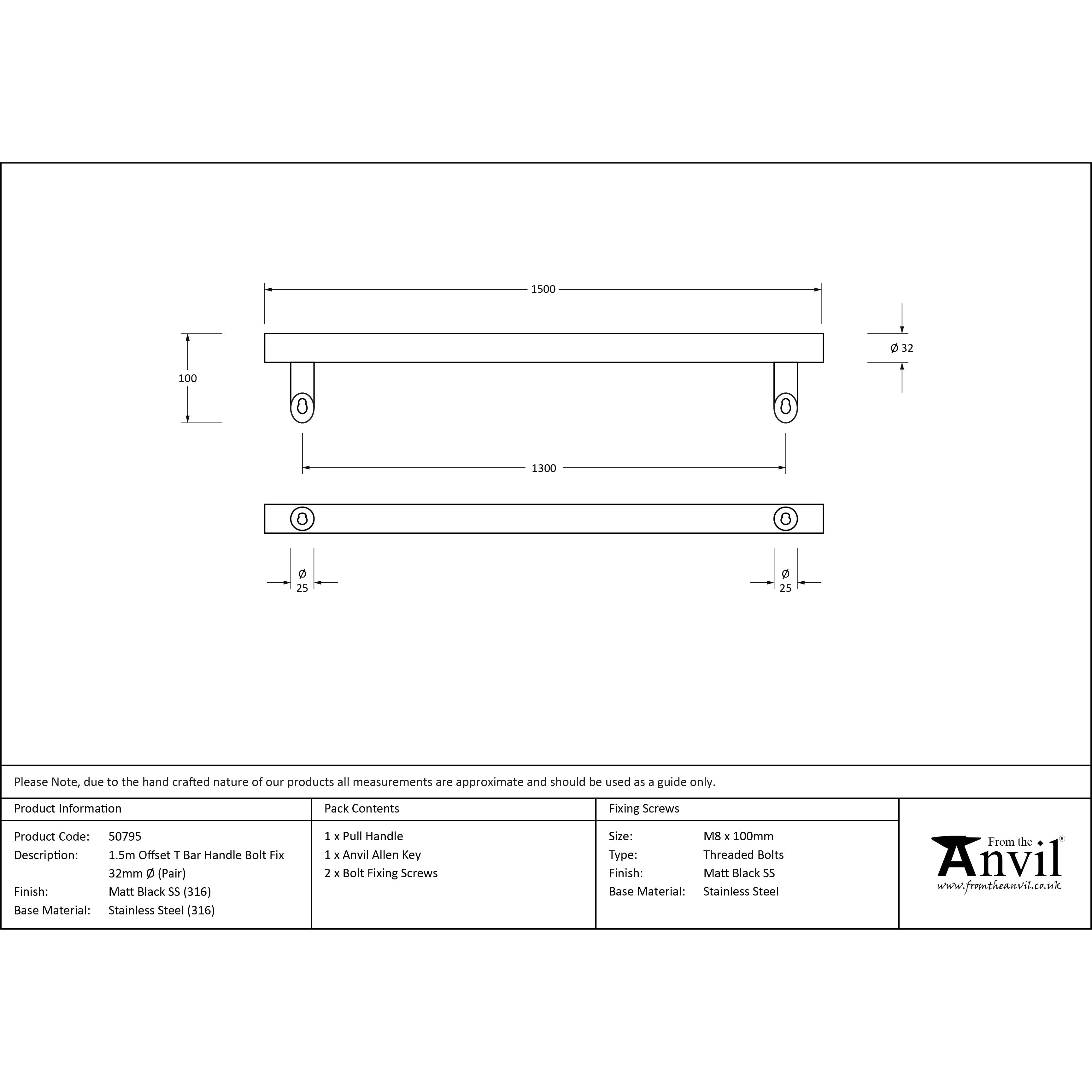 Matt Black (316) 1.5m Offset T Bar Handle Bolt Fix 32mm Ø | From The Anvil-Pull Handles-Yester Home