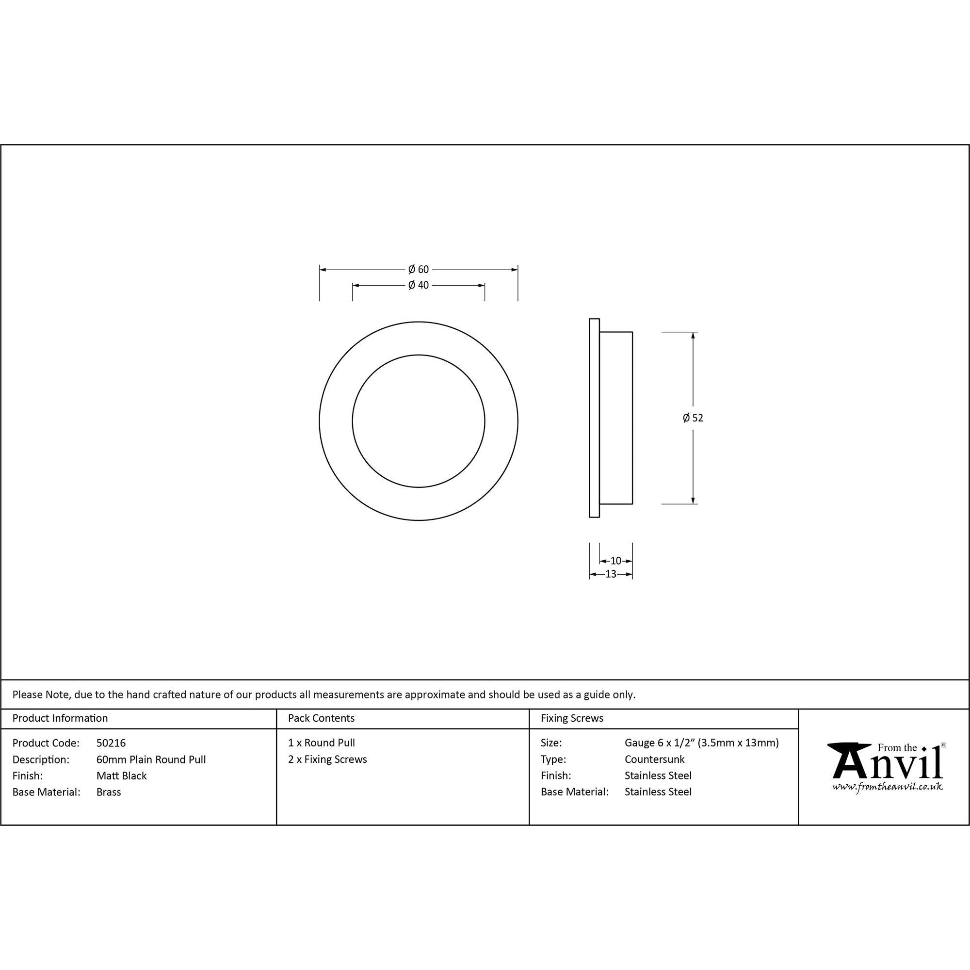 Matt Black 60mm Plain Round Pull | From The Anvil - Cabinet Pulls - From The Anvil - Yester Home