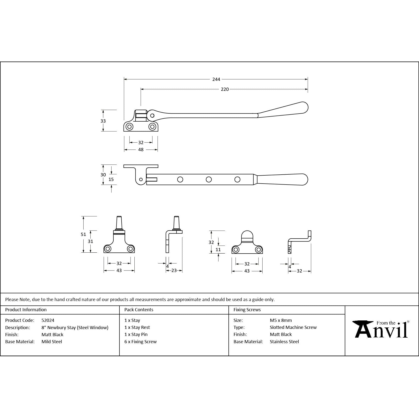Matt Black 8" Newbury Stay (Steel Window) - Stays - From The Anvil - Yester Home