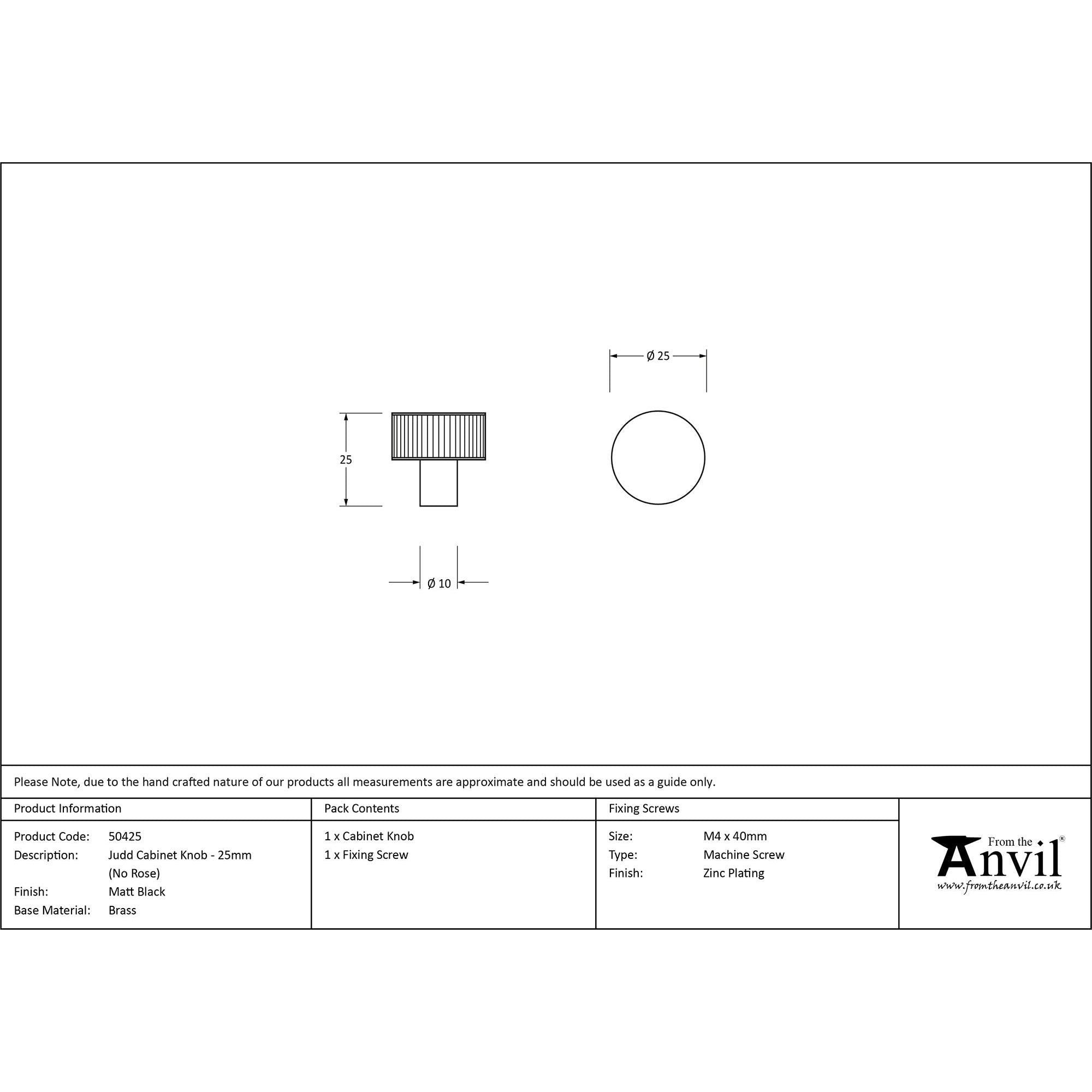 Matt Black Judd Cabinet Knob - 25mm (No rose) | From The Anvil - Cabinet Knobs - From The Anvil - Yester Home