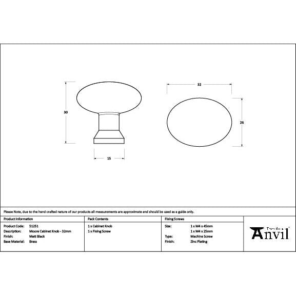 Matt Black Moore Cabinet Knob - 32mm - Cabinet Knobs - From The Anvil - Yester Home