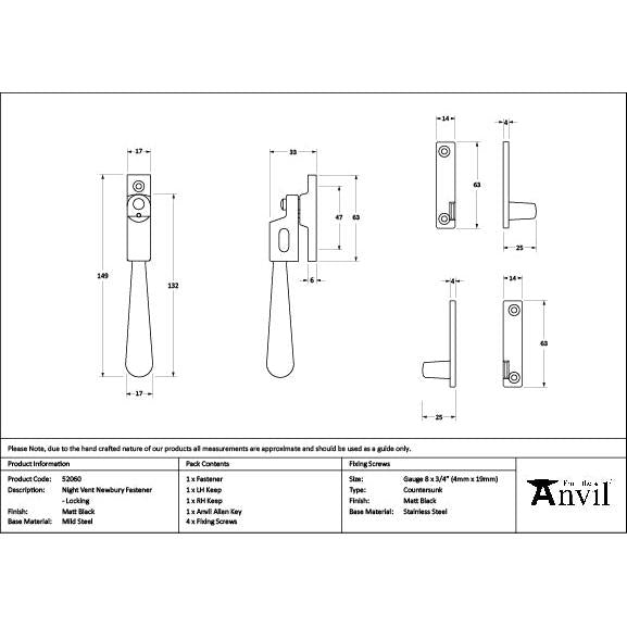 Matt Black Night-Vent Locking Newbury Fastener - Night-Vent Fasteners - From The Anvil - Yester Home