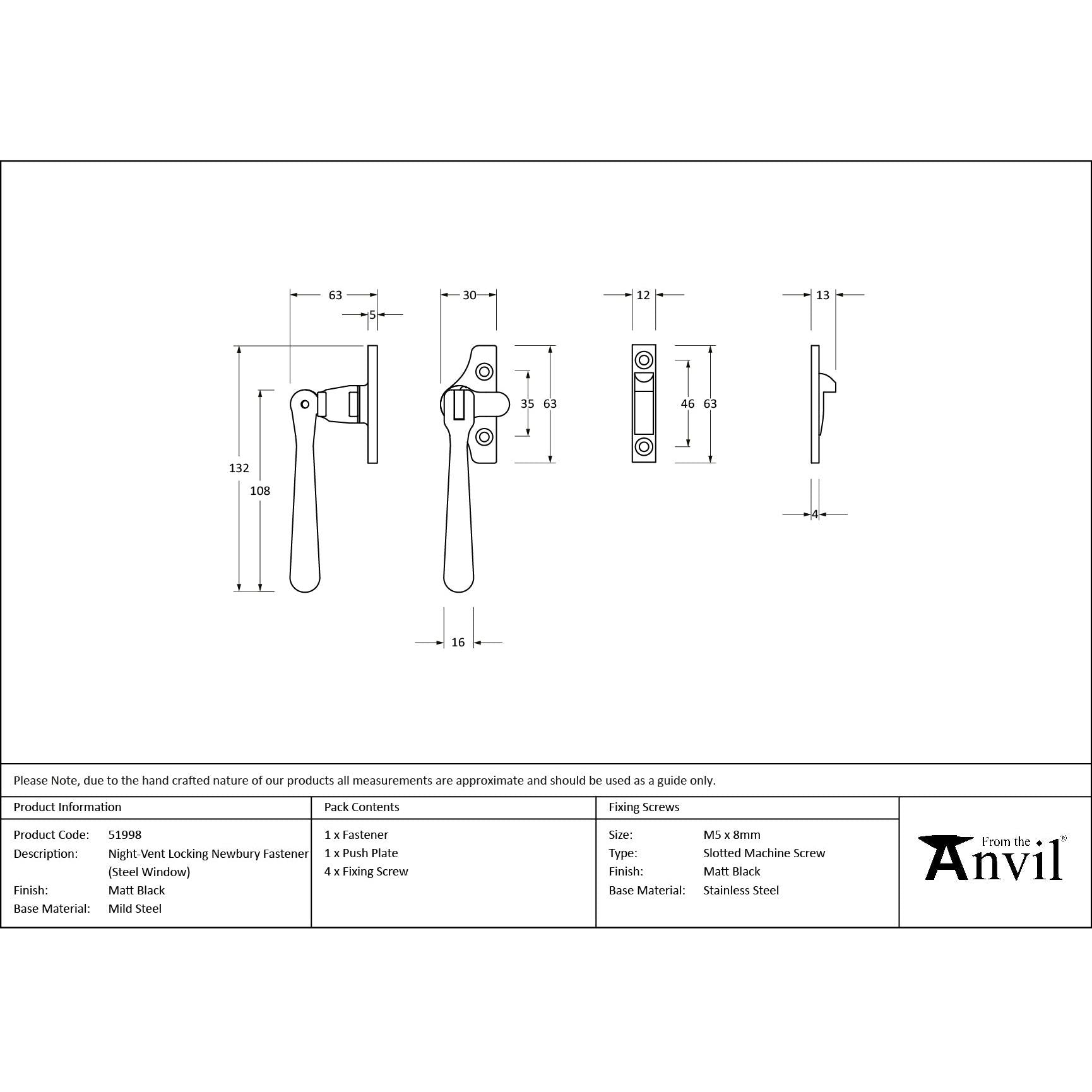 Matt Black Night-Vent Locking Newbury Fastener (Steel Window) - Night-Vent Fasteners - From The Anvil - Yester Home