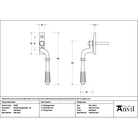 Matt Black Reeded Espag - RH - Espag. Fasteners - From The Anvil - Yester Home