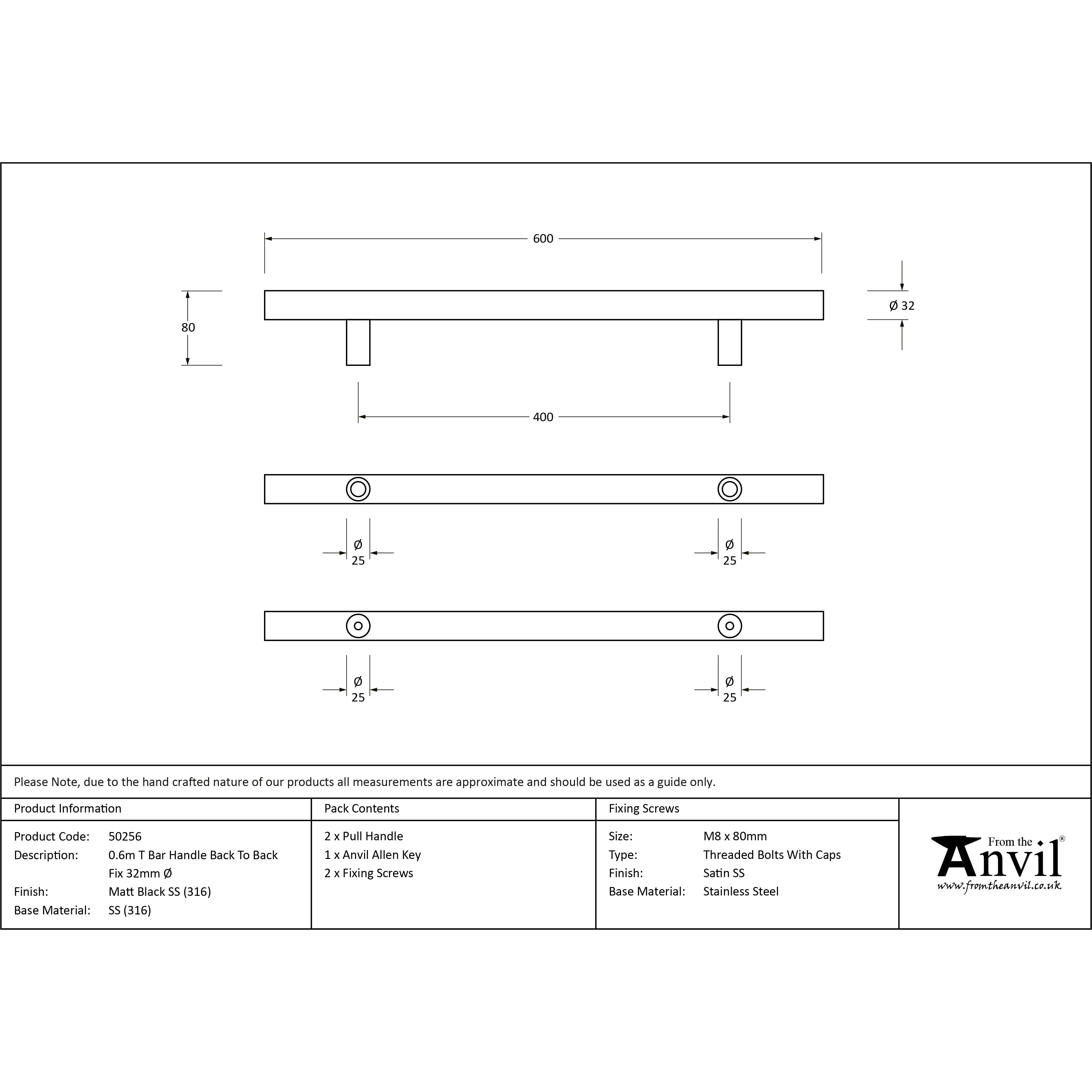 Matt Black SS (316) 0.6m T Bar Handle B2B Fix 32mm Ø | From The Anvil-Pull Handles-Yester Home