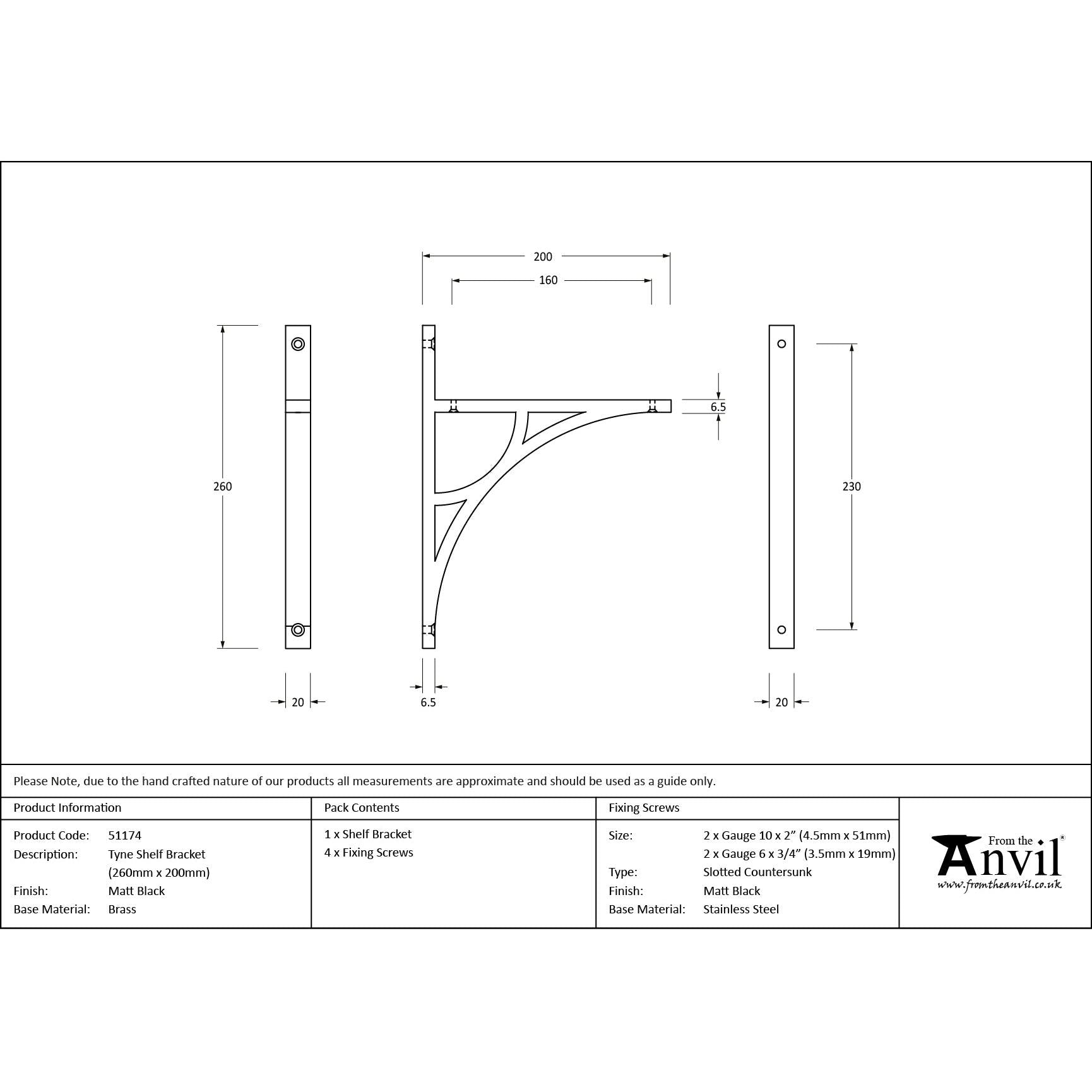 Matt Black Tyne Shelf Bracket (260mm x 200mm) | From The Anvil - Shelf Brackets - From The Anvil - Yester Home