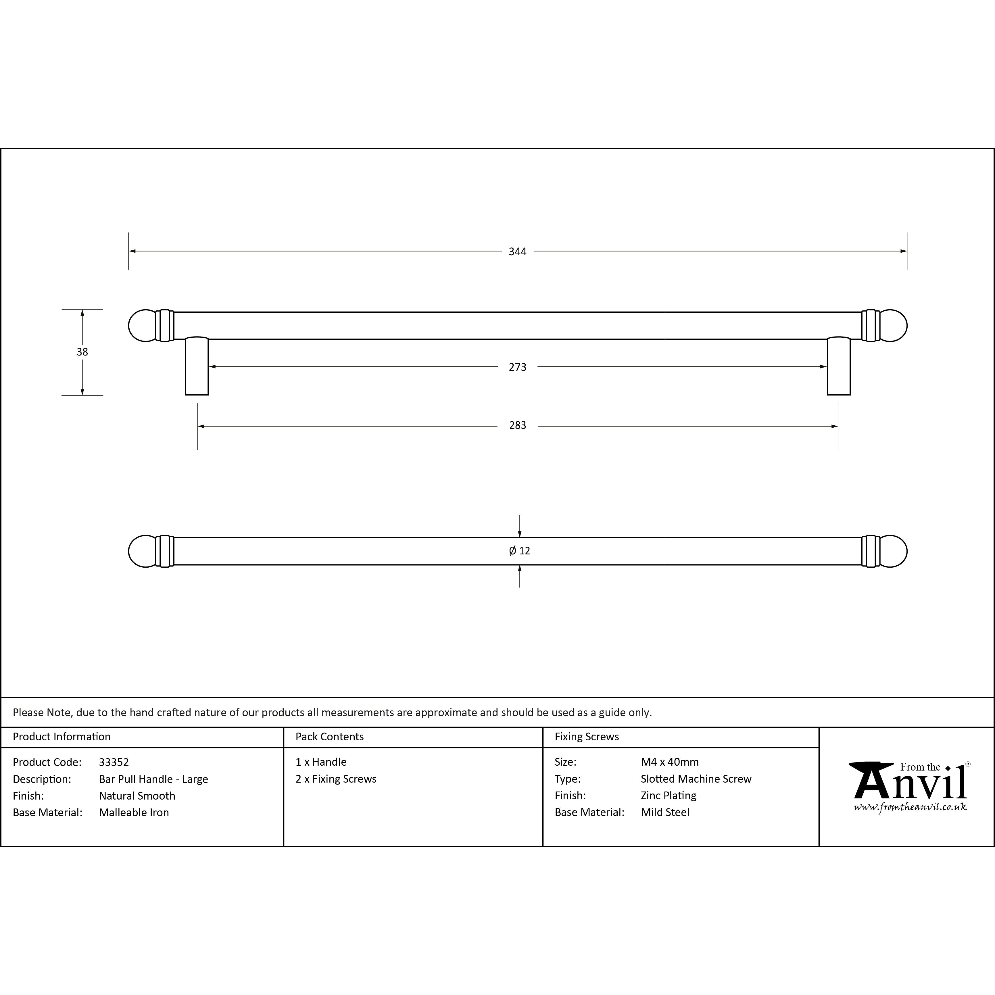 Natural Smooth 344mm Bar Pull Handle | From The Anvil-Pull Handles-Yester Home