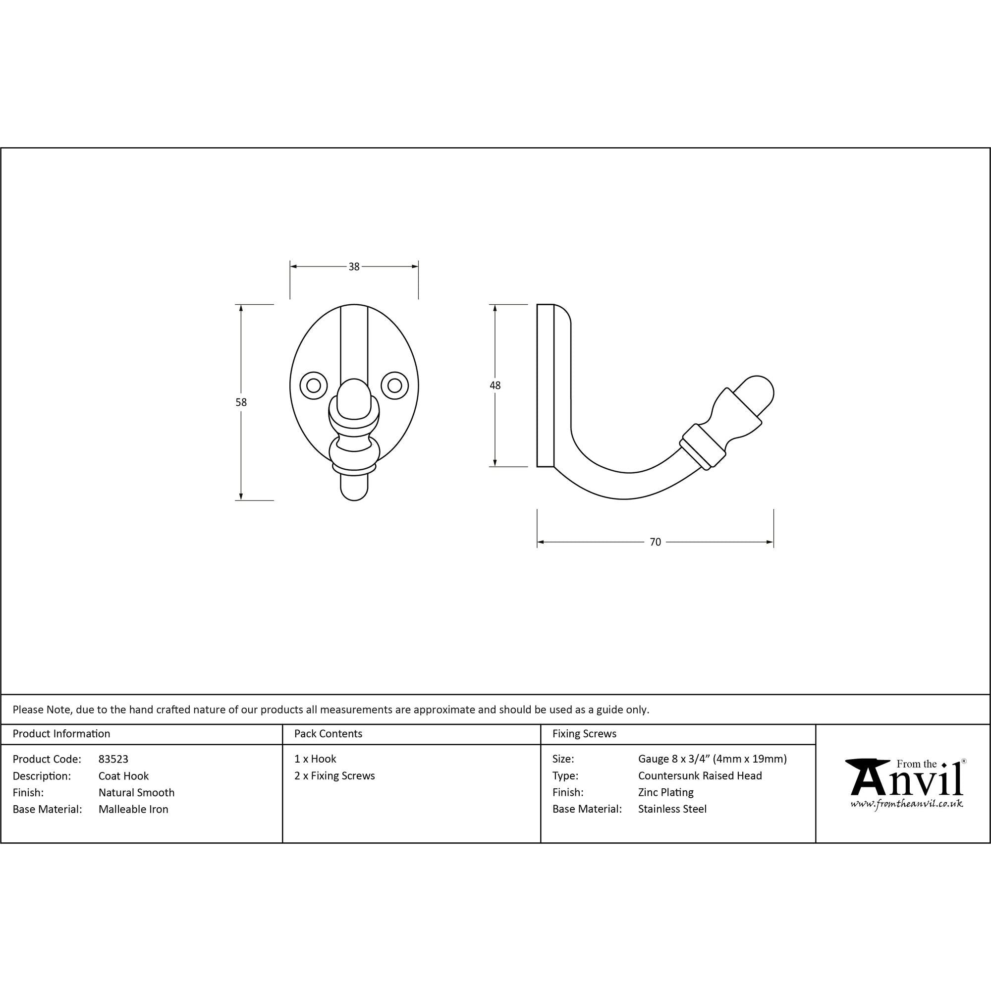 Natural Smooth Coat Hook | From The Anvil - Coat Hooks - From The Anvil - Yester Home