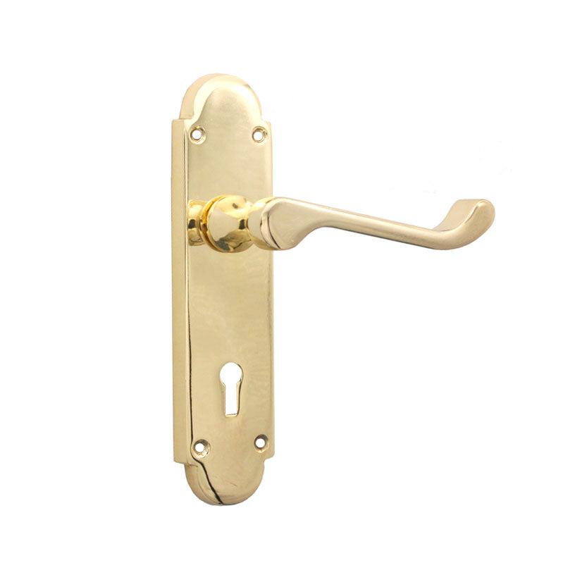 Oakley Lock Lever Handle Polished Brass-Levers on Backplate-Yester Home